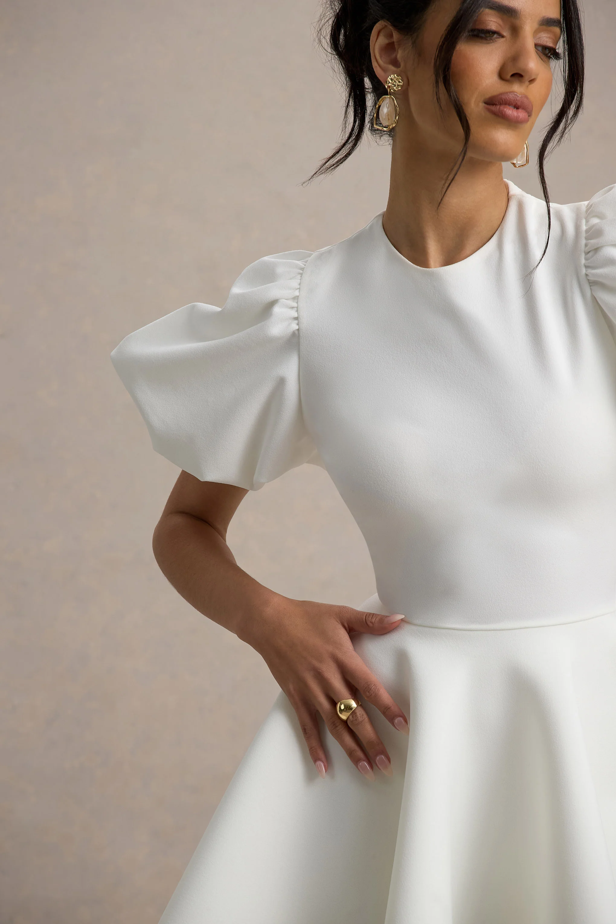 Emelia | White Puff-Sleeve Skater Mini Dress