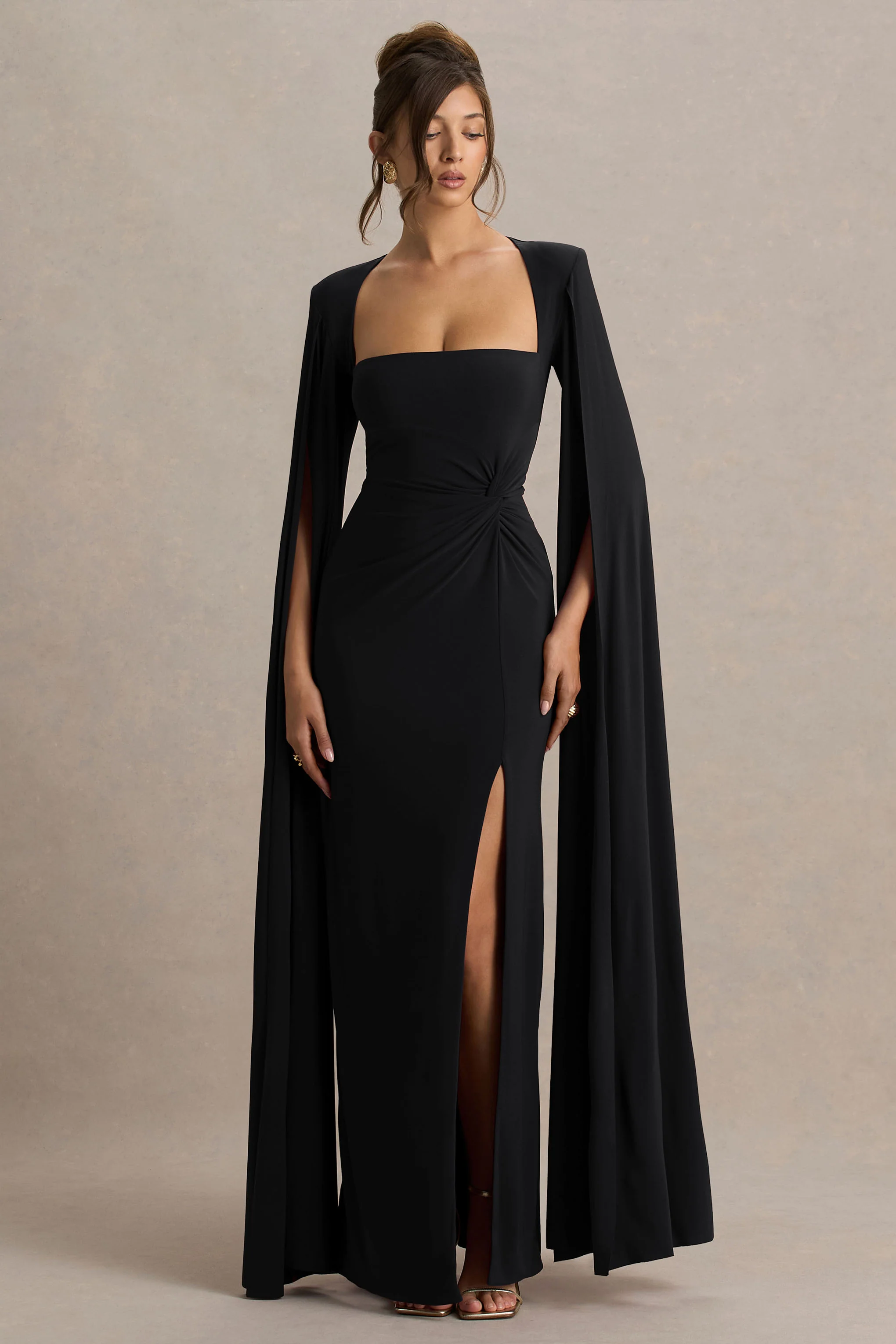 Claretta | Black Square Neck Twisted Maxi Dress With Cape Sleeves