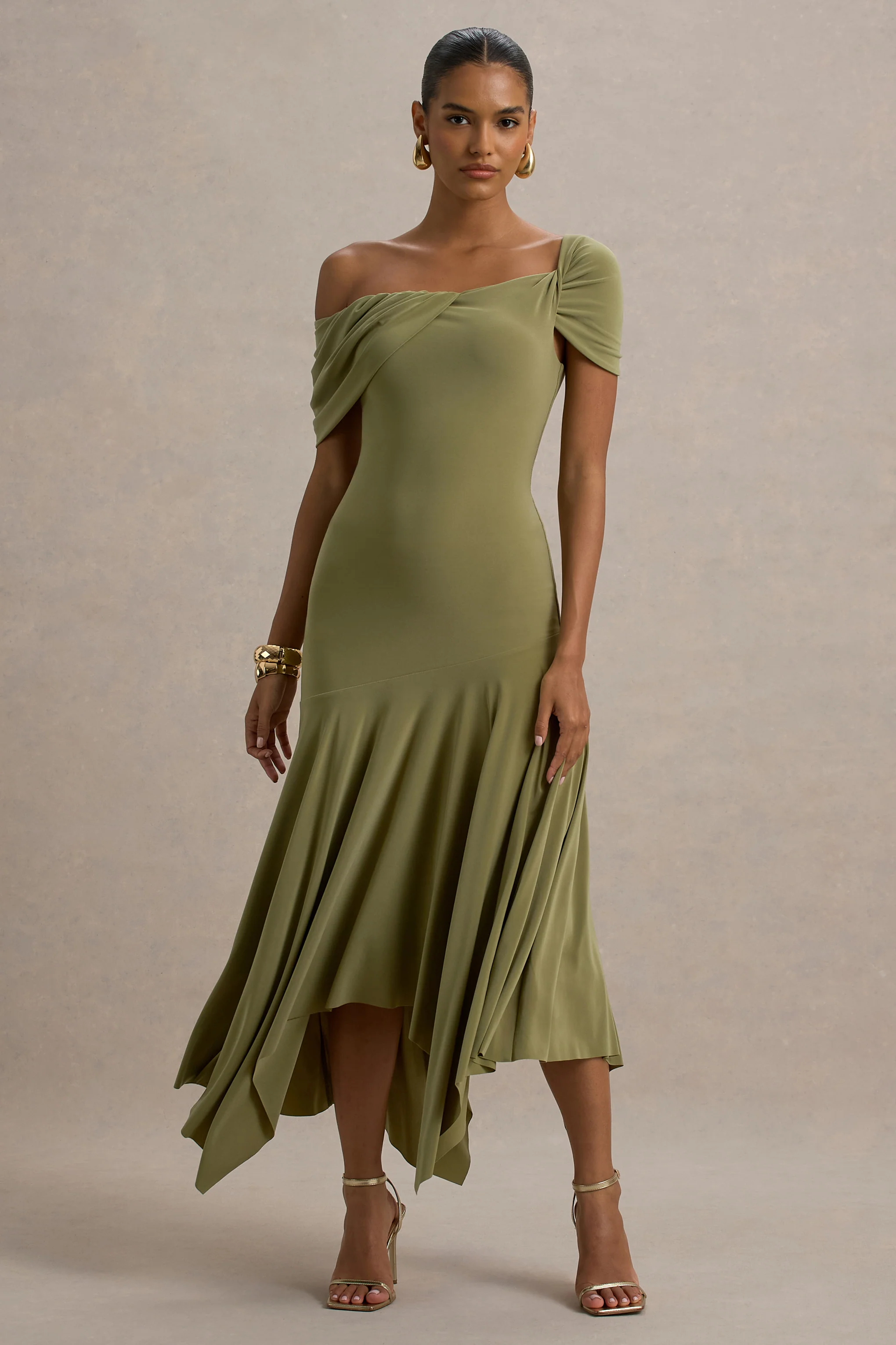 Castor | Olive Asymmetric Midi Dress
