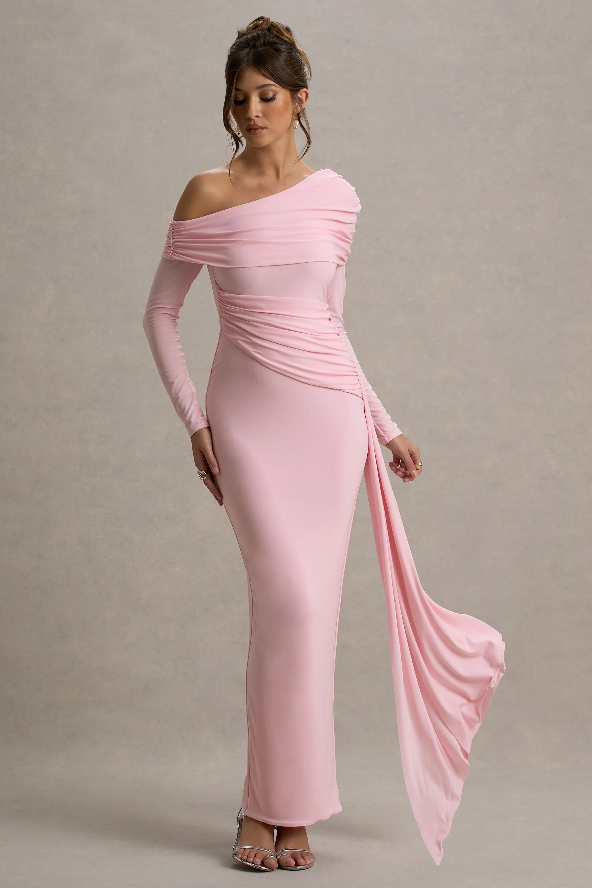 Valina | Pink Ruched Asymmetric Maxi Dress With Drape