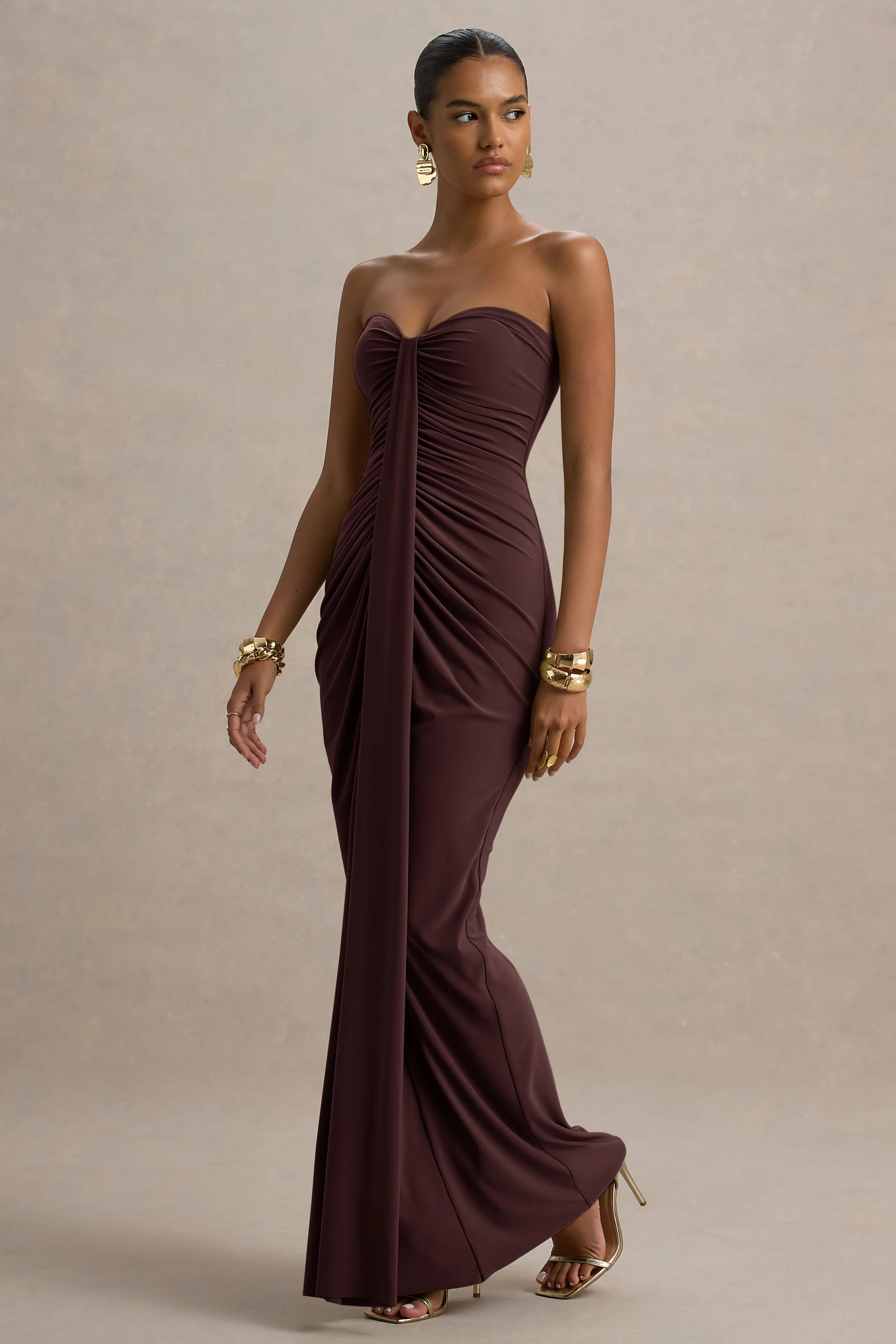 Ali | Warm Brown Sweetheart Ruched Wrap Maxi Dress