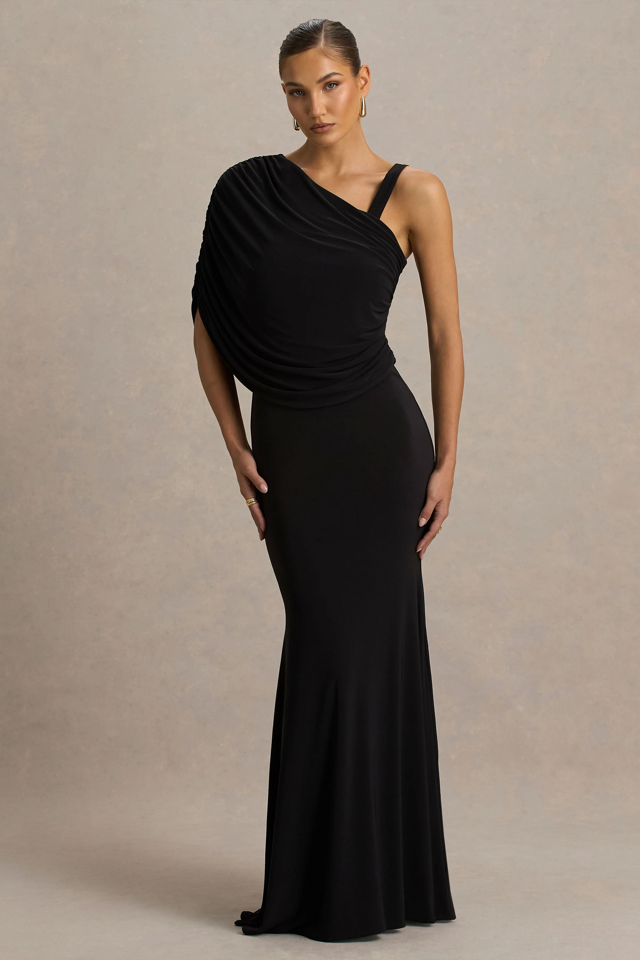 Sylvie | Black Asymmetric-Neck Maxi Dress