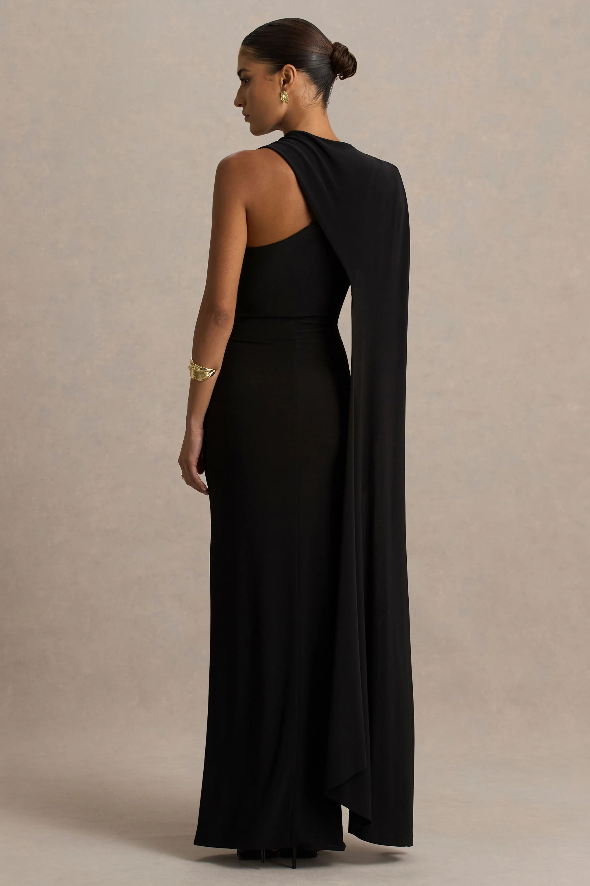 Dawn | Black High-Neck Maxi Dress With One Long-Sleeve And Cape