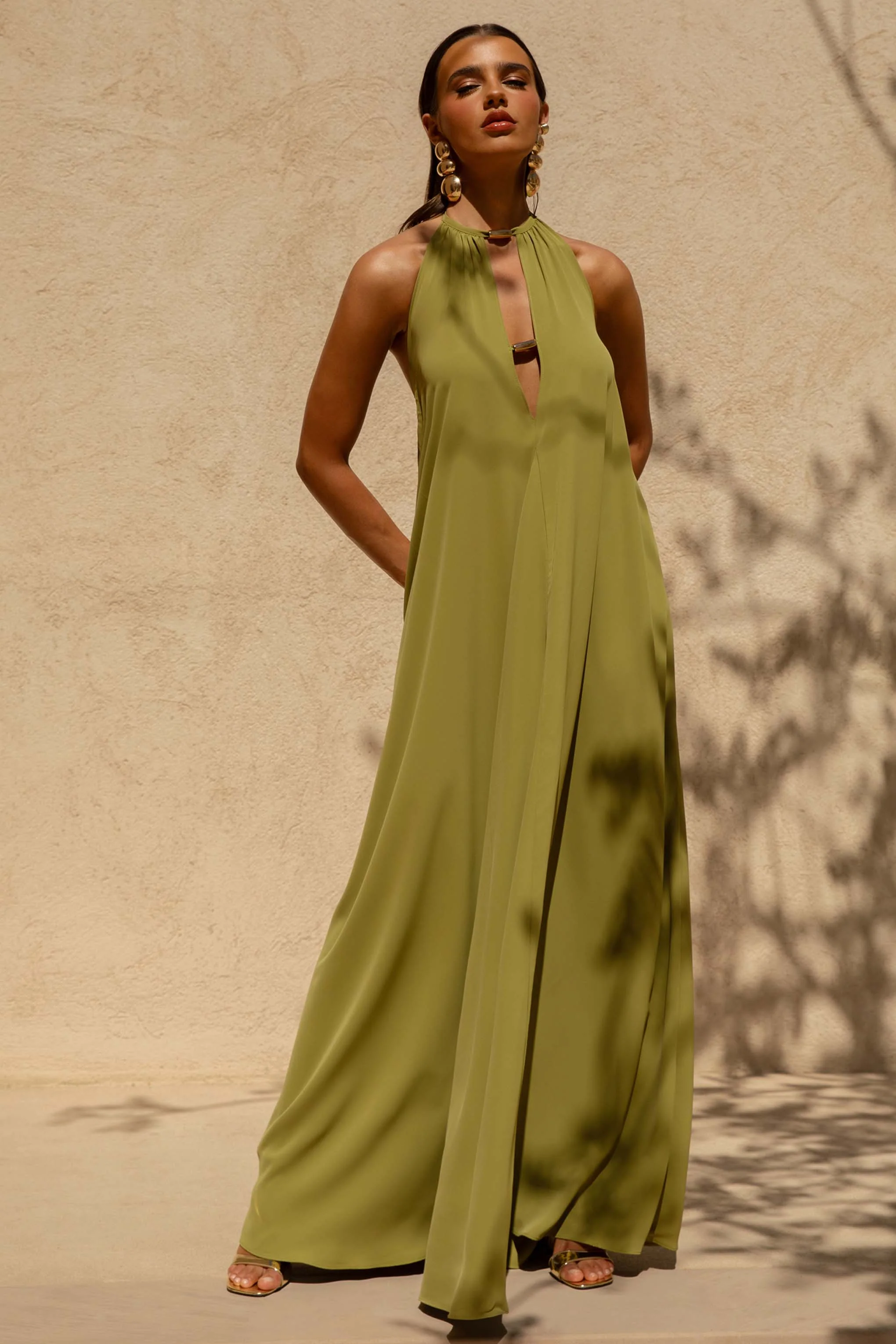 Zyon | Green High-Neck Maxi Dress with Cut-Out Details