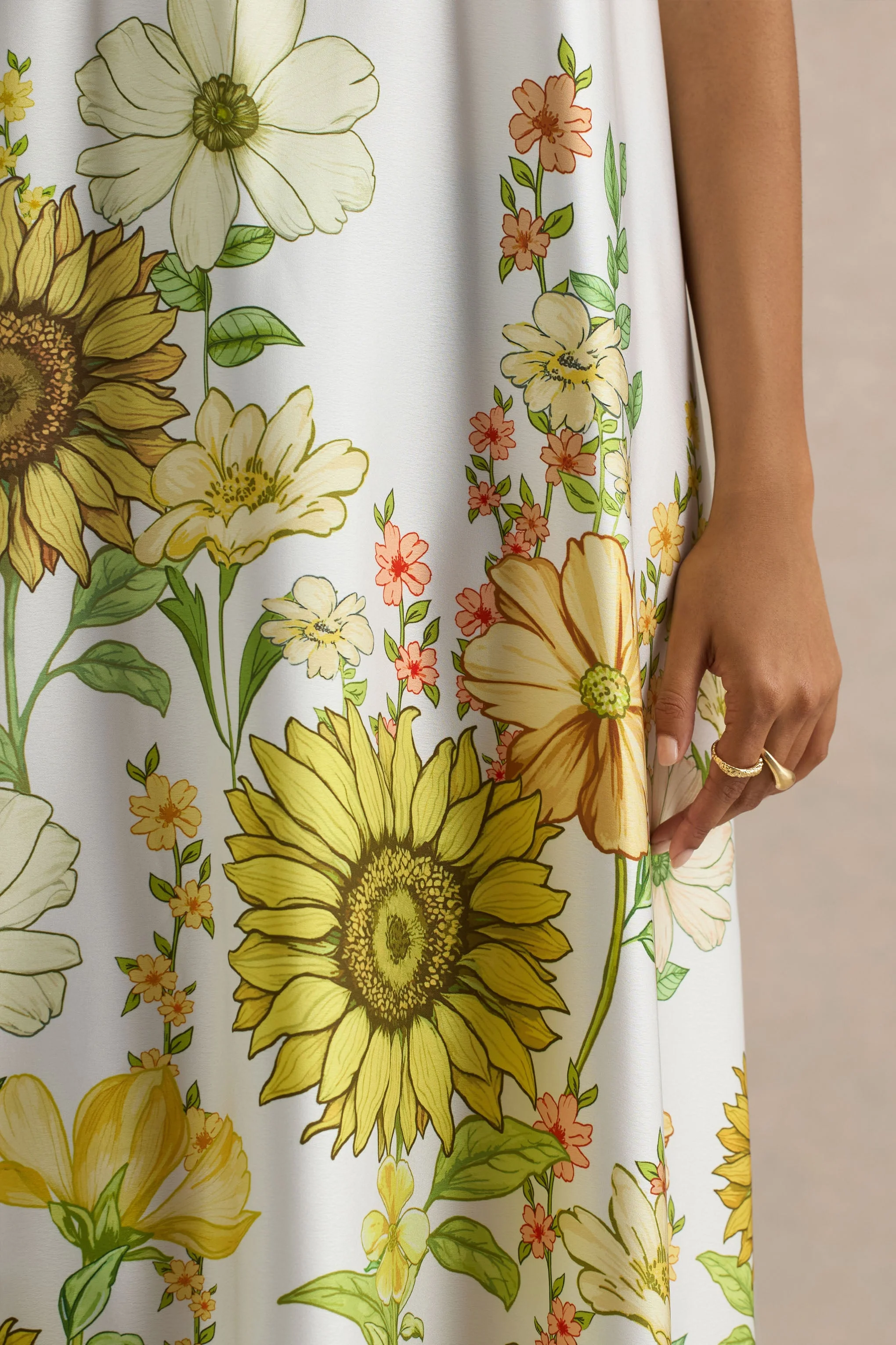 Glide | Sunflower Print Satin High-Neck Slip Maxi Dress