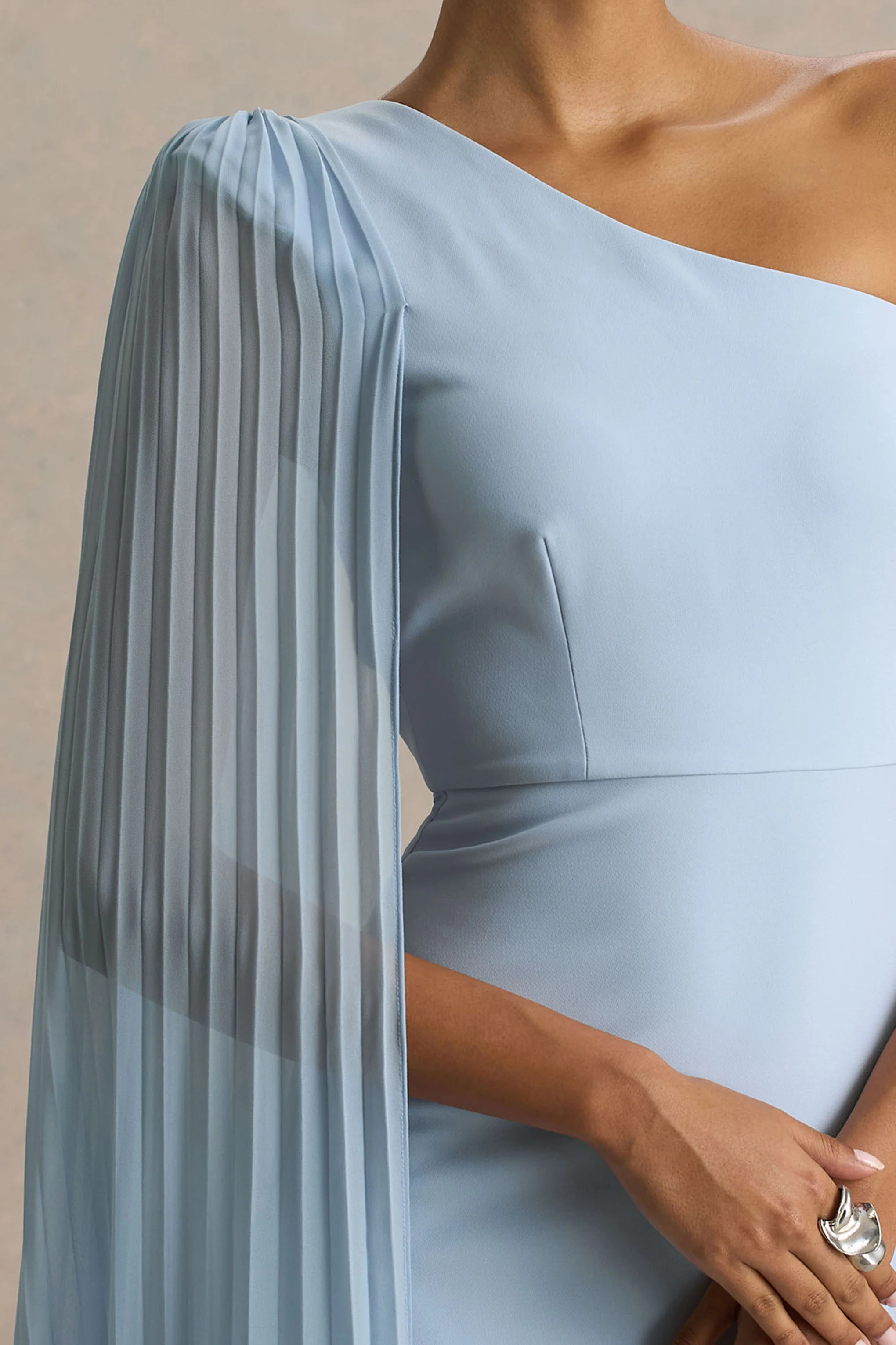Athens | Powder Blue Asymmetric-Neck Maxi Dress With Cape Sleeve Detail
