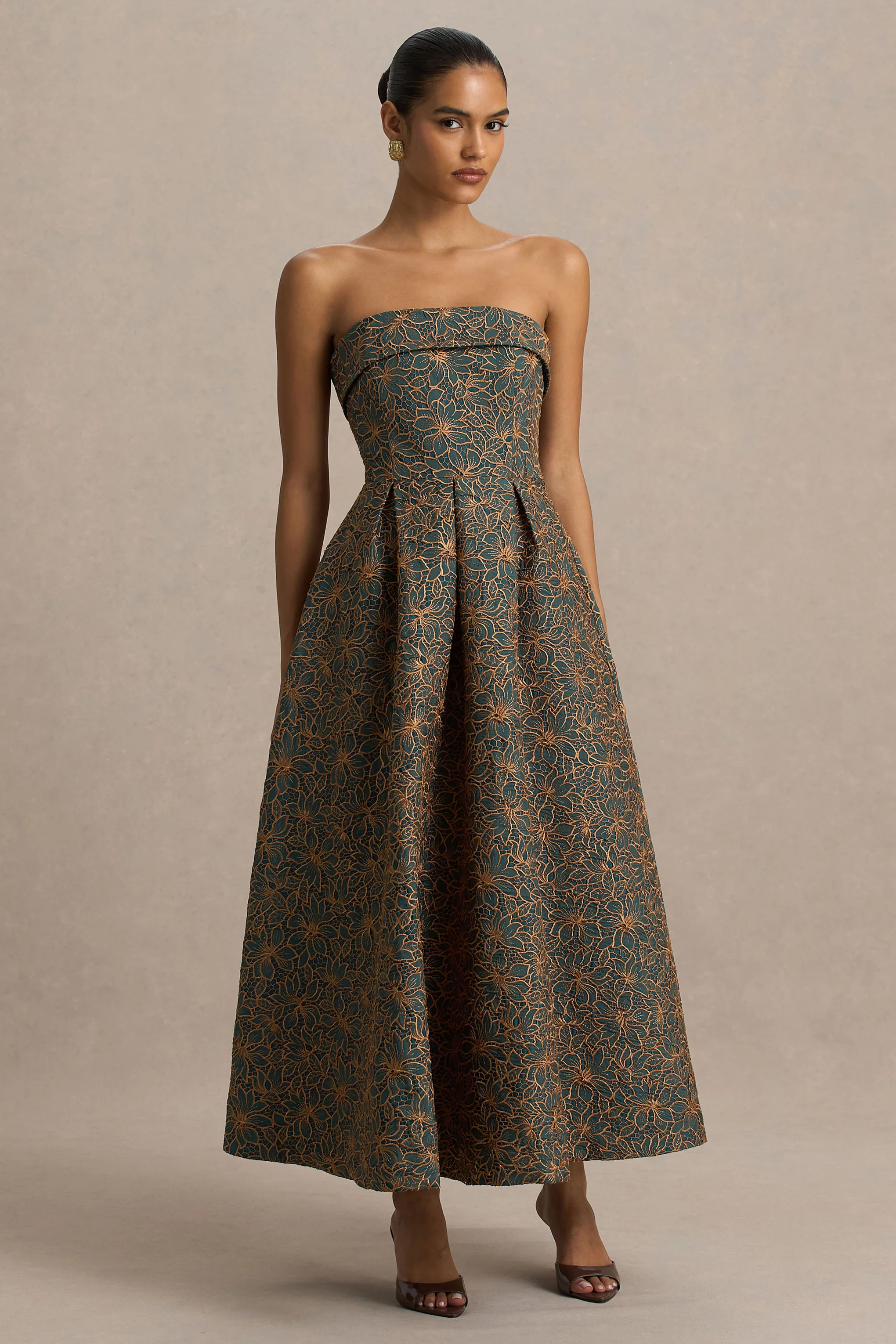 Loretta | Dark Green And Rust Embroidered Bandeau-Neck Midi Dress
