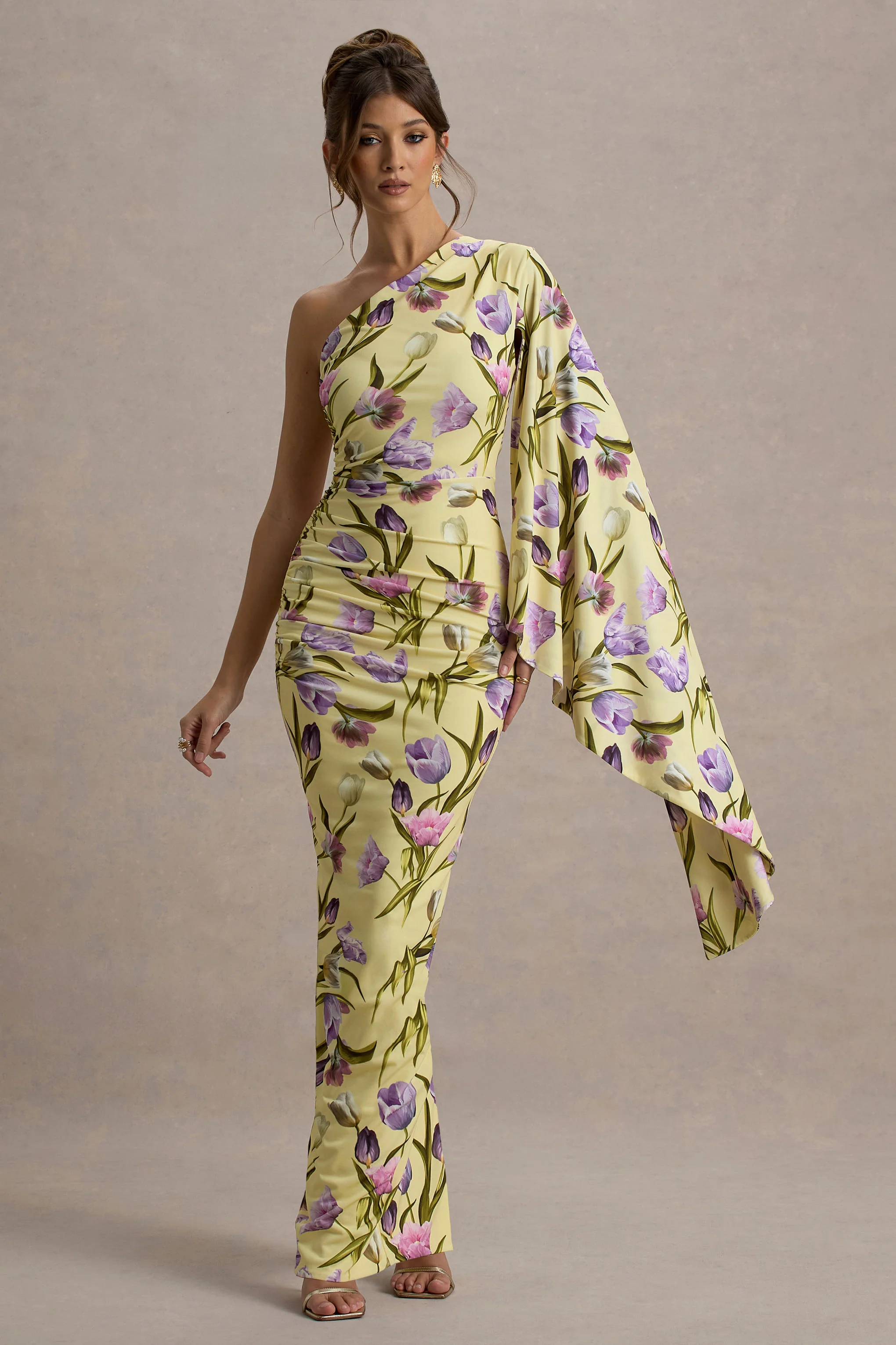 Clementina | Tulip Floral Print Asymmetric Cape Sleeve Maxi Dress