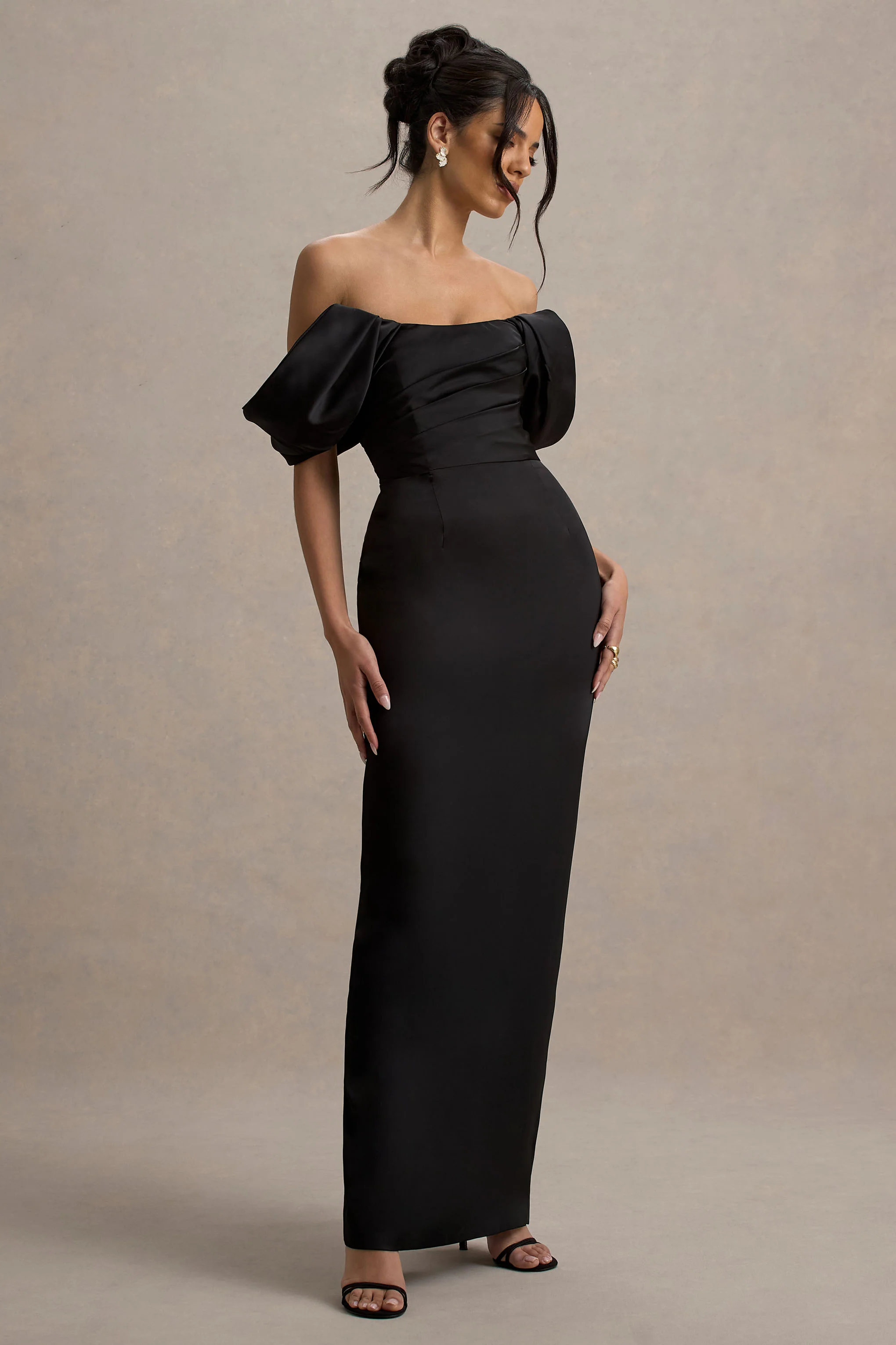Annita | Black Satin Bardot Maxi Dress