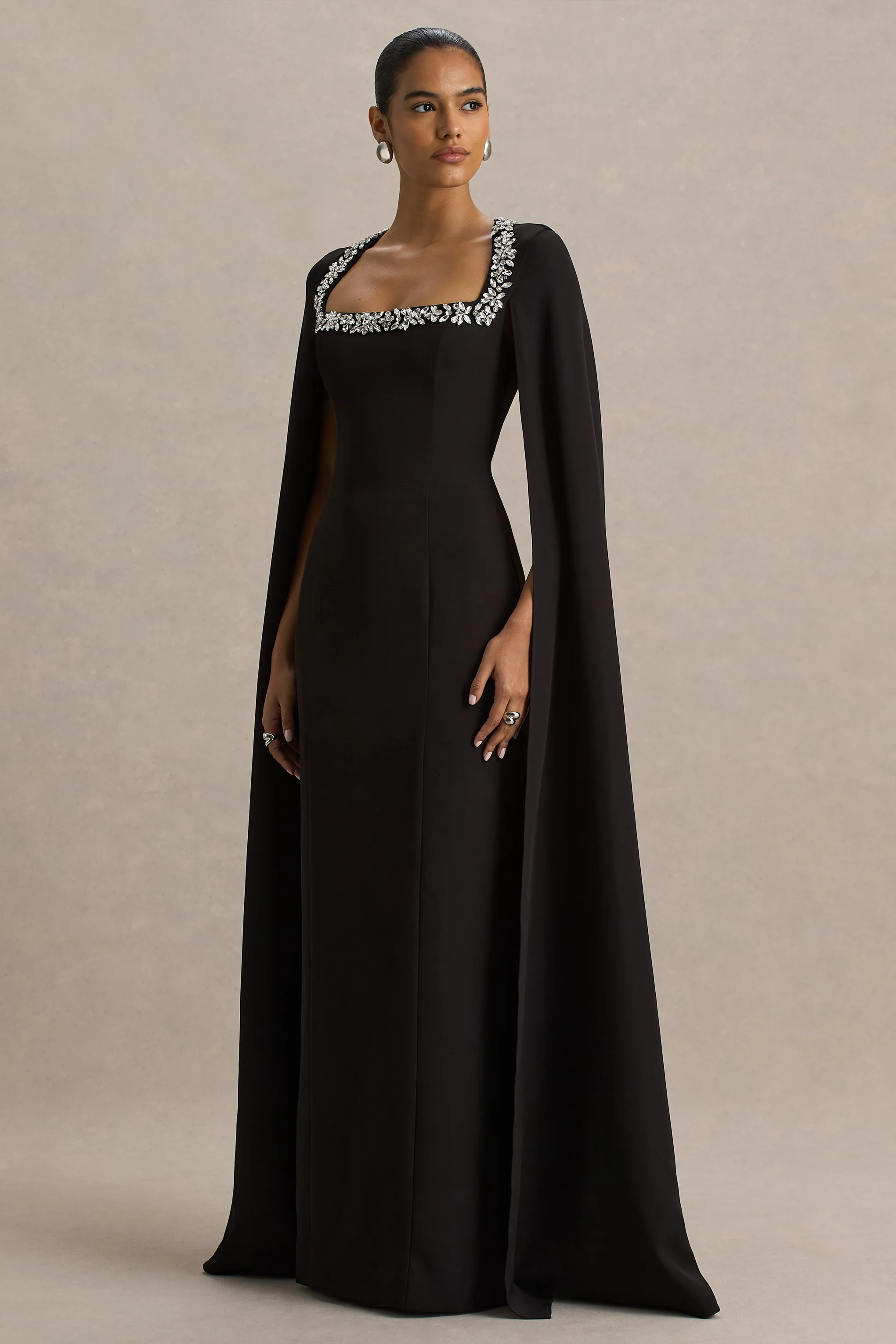 Glossy | Black Woven Square-Neck Maxi Dress With Cape Sleeves and Hand-Embellished Detail