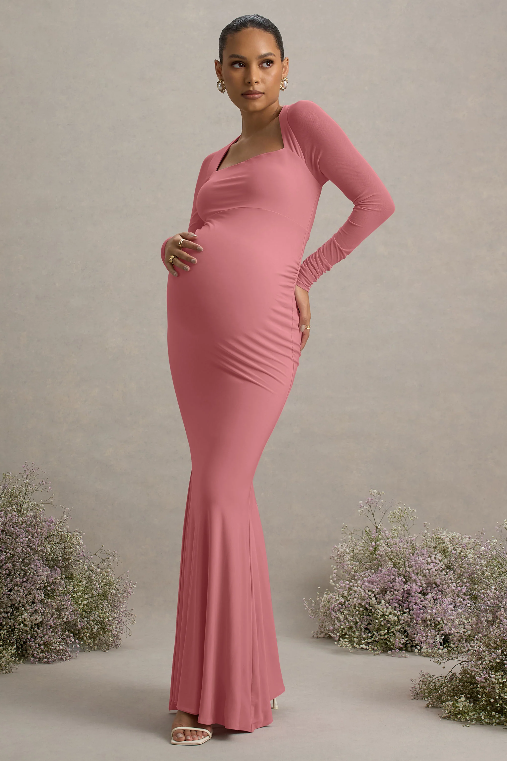 Abeam | Blush Pink Maternity Maxi Dress With Sheer Sleeves