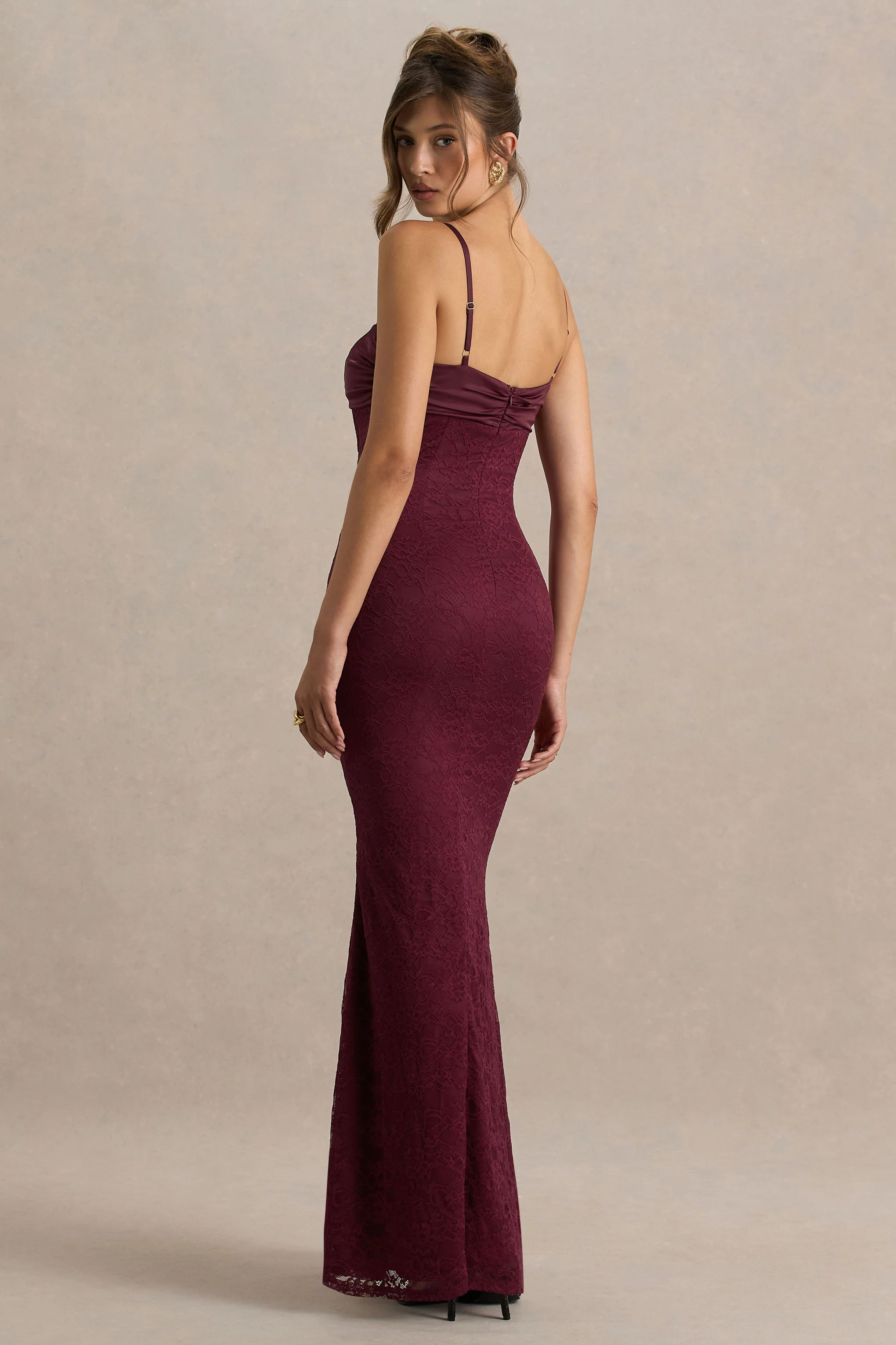 Juana | Burgundy Sweetheart-Neck Satin And Lace Maxi Dress