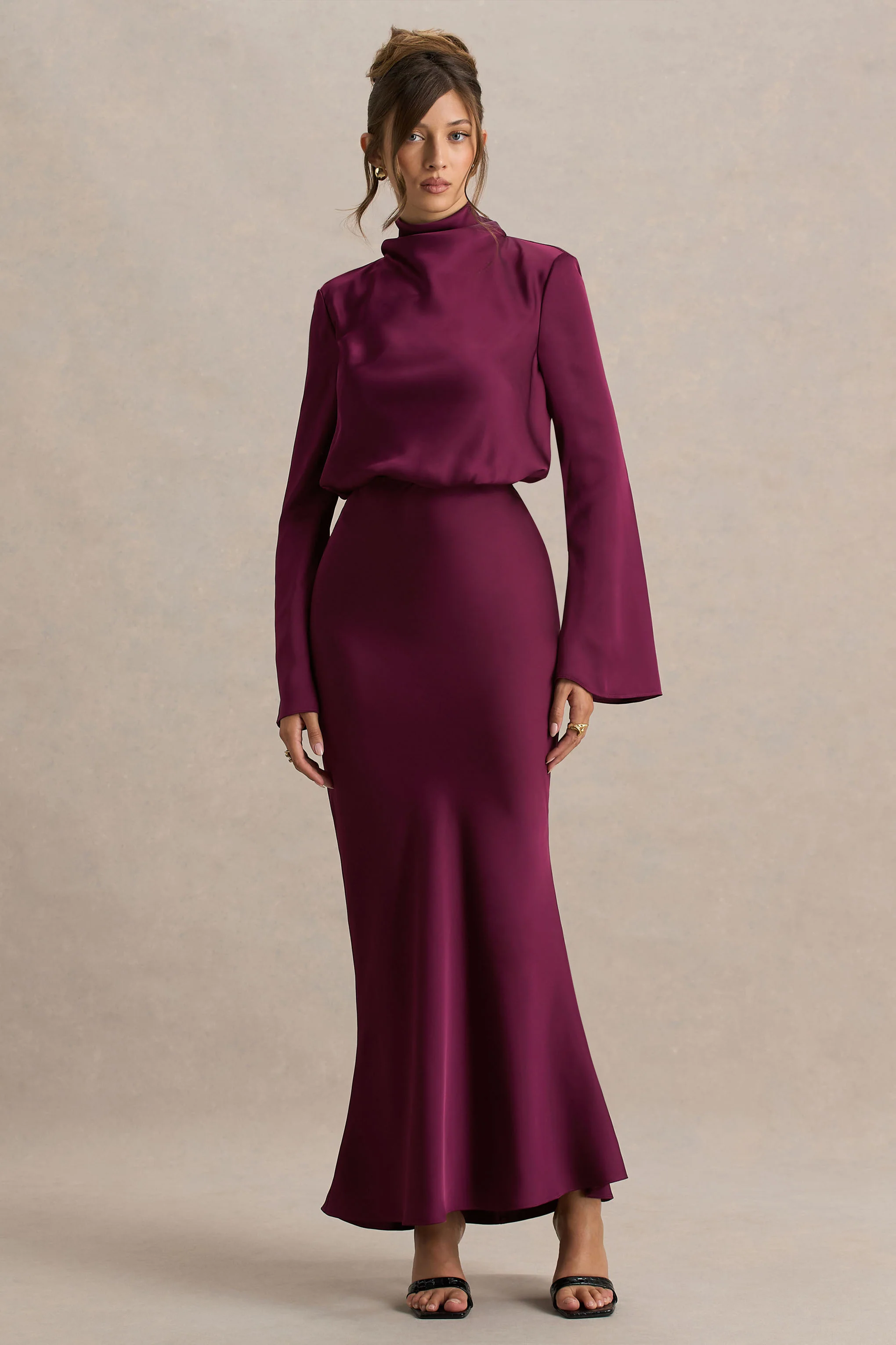 Celina | Burgundy Satin High-Neck Maxi Dress