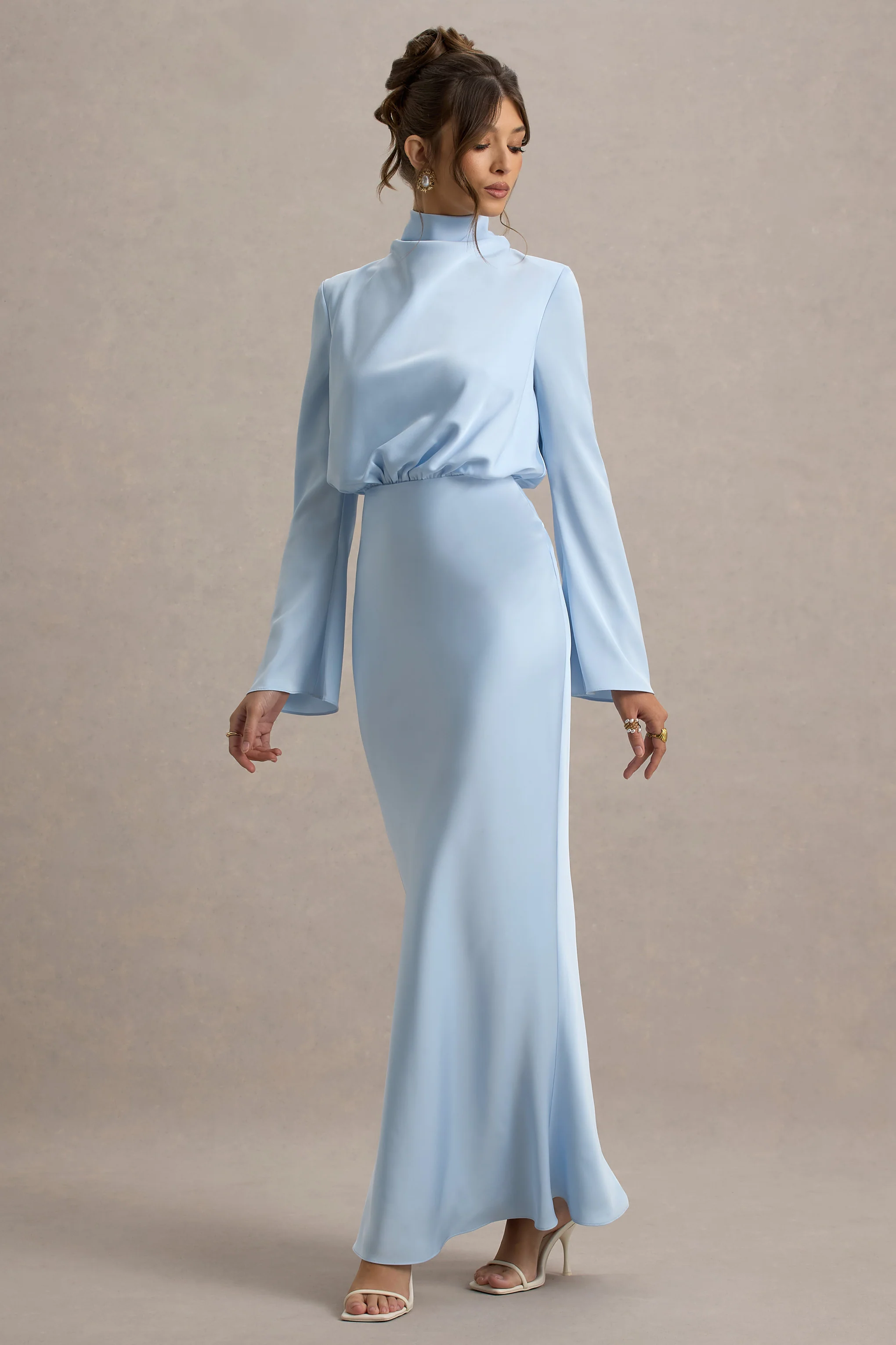 Celina | Powder Blue Satin High-Neck Maxi Dress