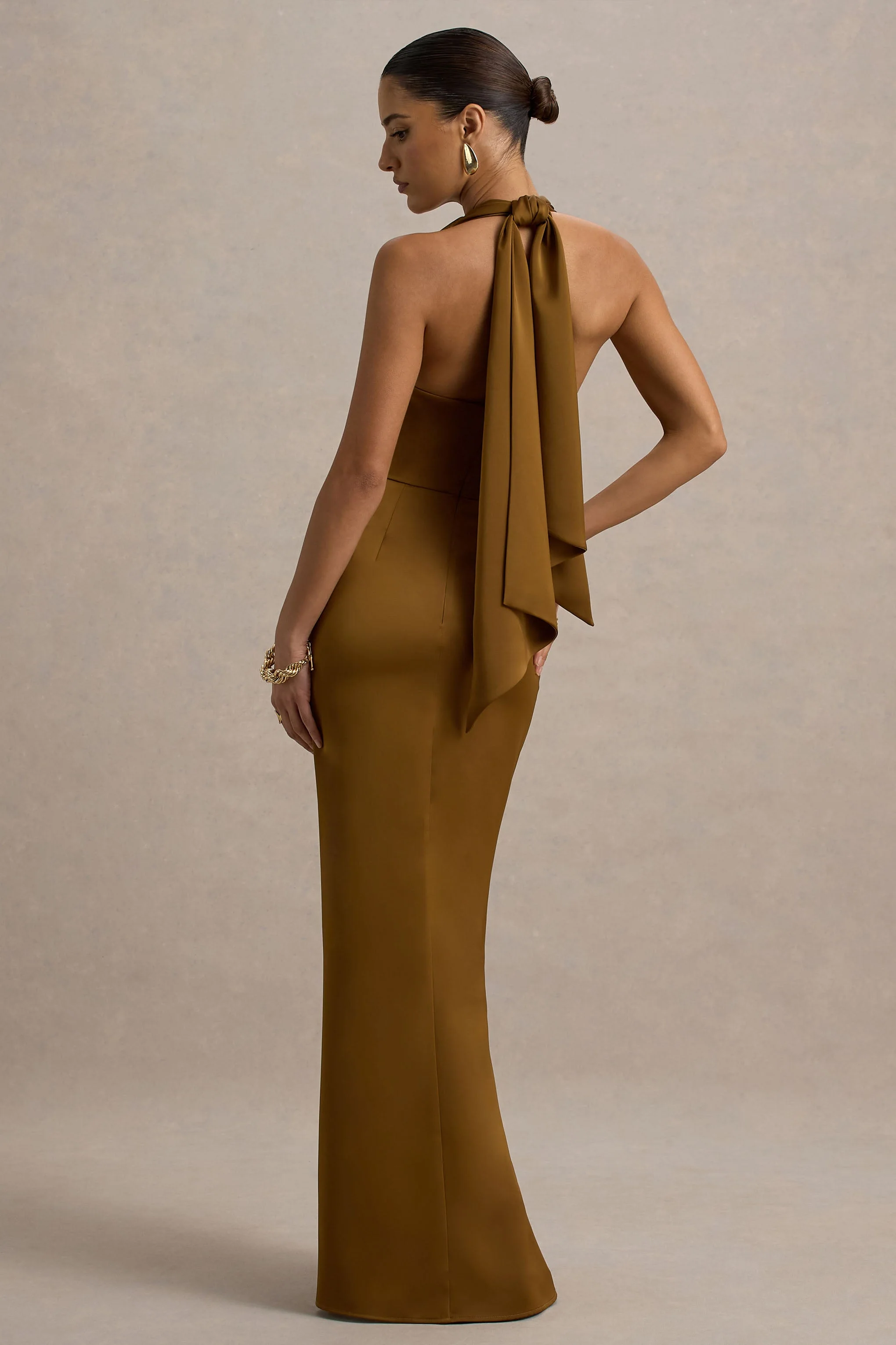 Lynette | Olive Satin Plunge-Neck Asymmetric Maxi Dress