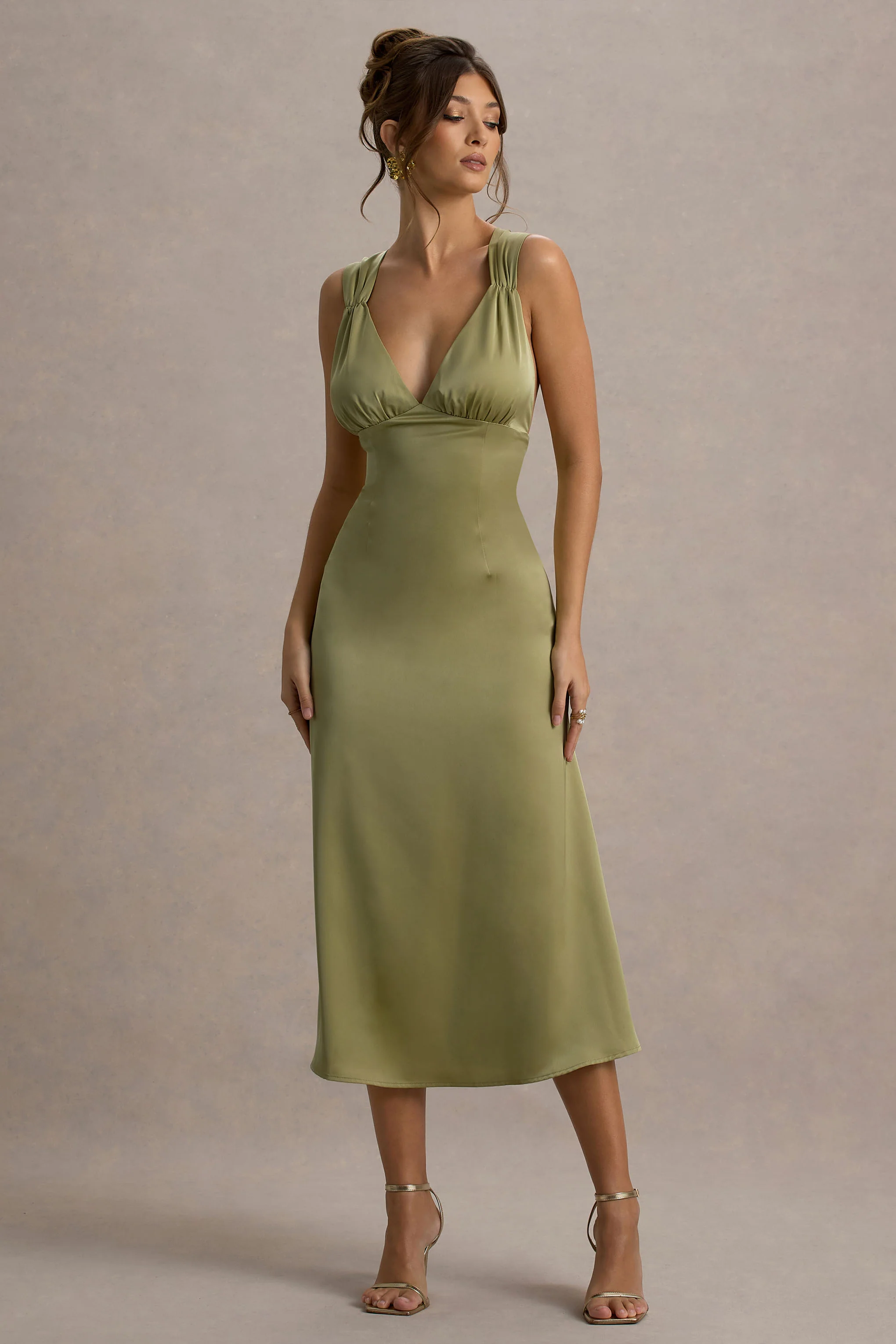Beck | Light Green Satin Plunge-Neck Cross-Back Midi Dress