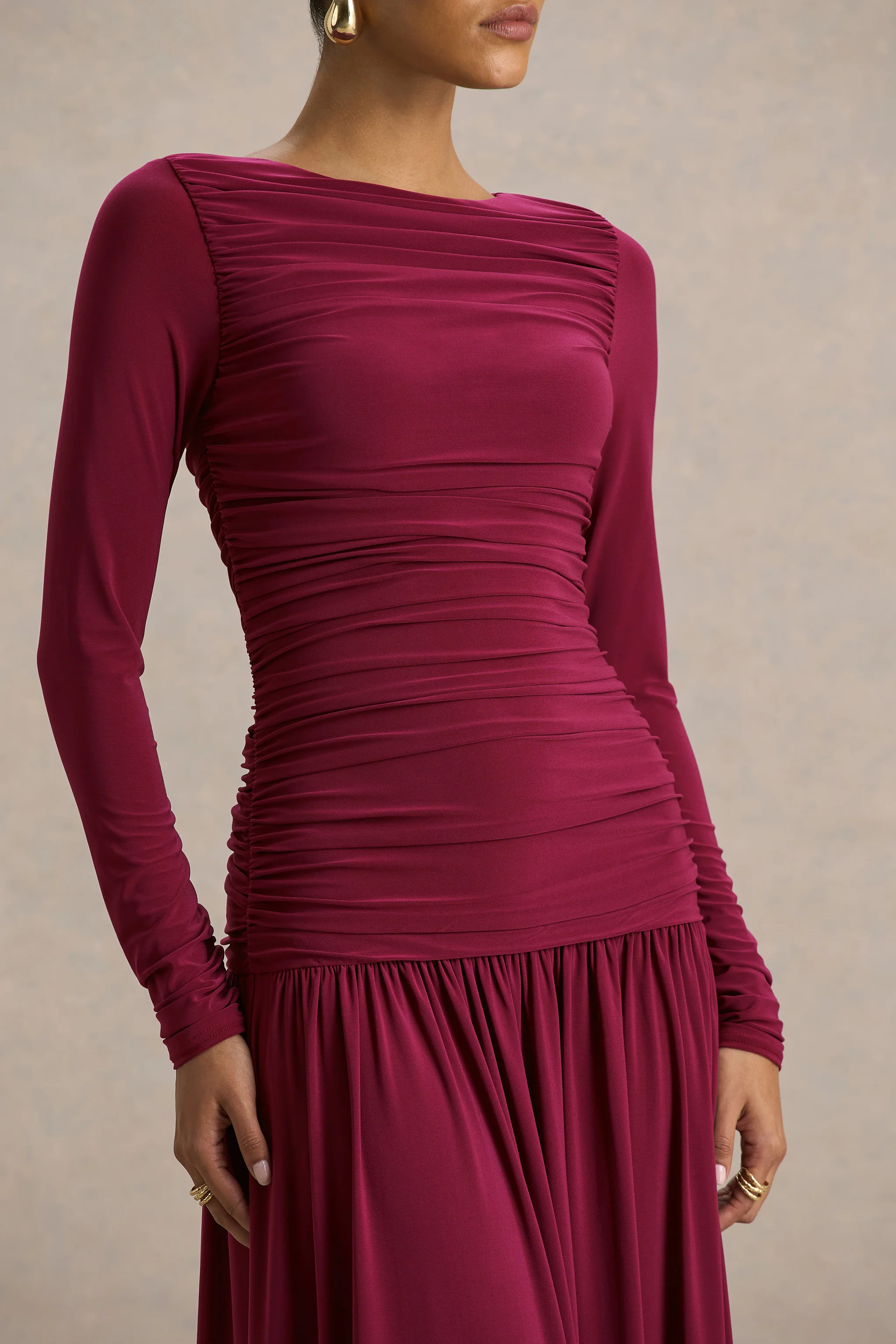 Aniyah | Burgundy High-Neck Maxi Dress With Ruched Detailing