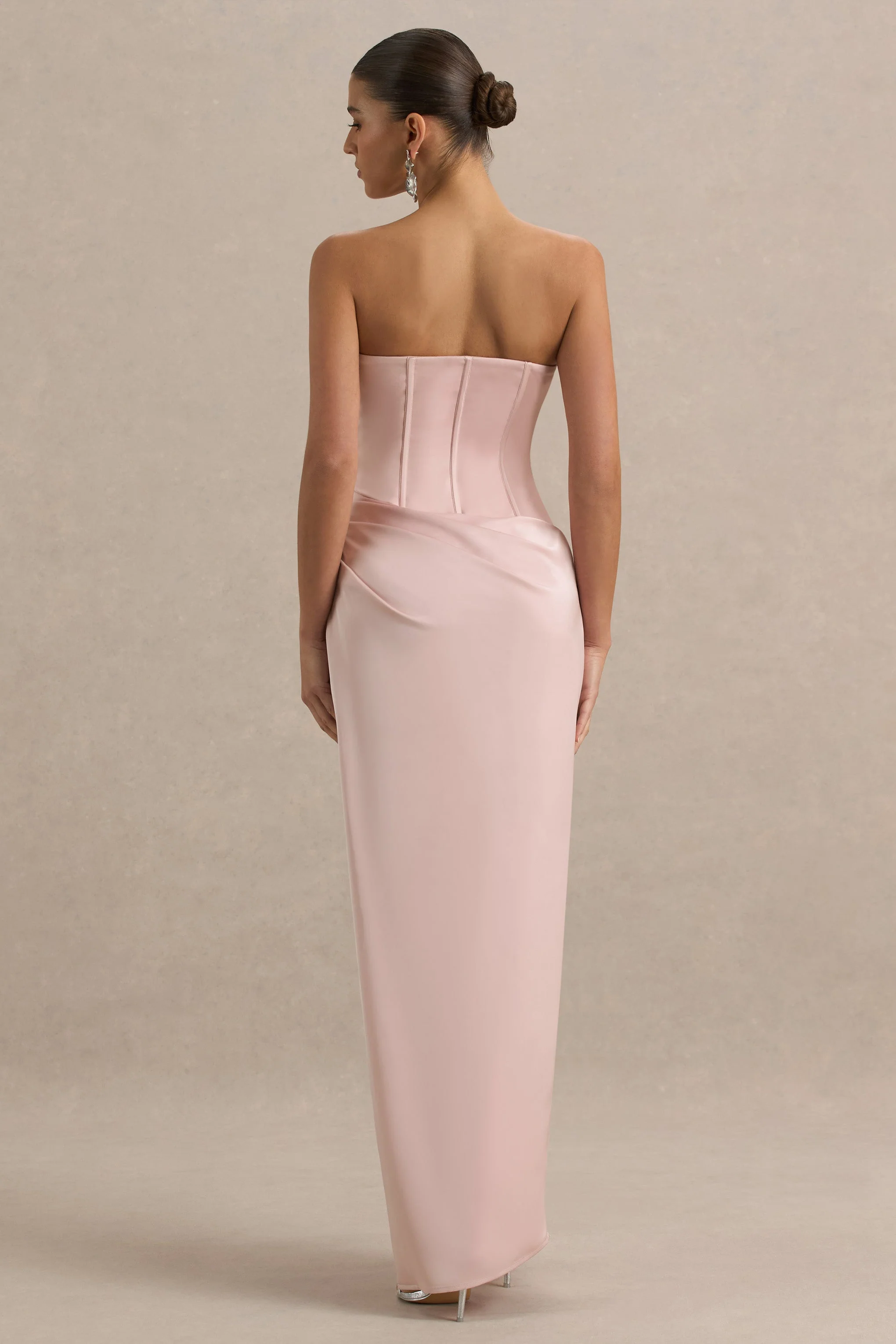 Joseline | Pale Pink Satin Corset Wrap Maxi Dress With Scarf