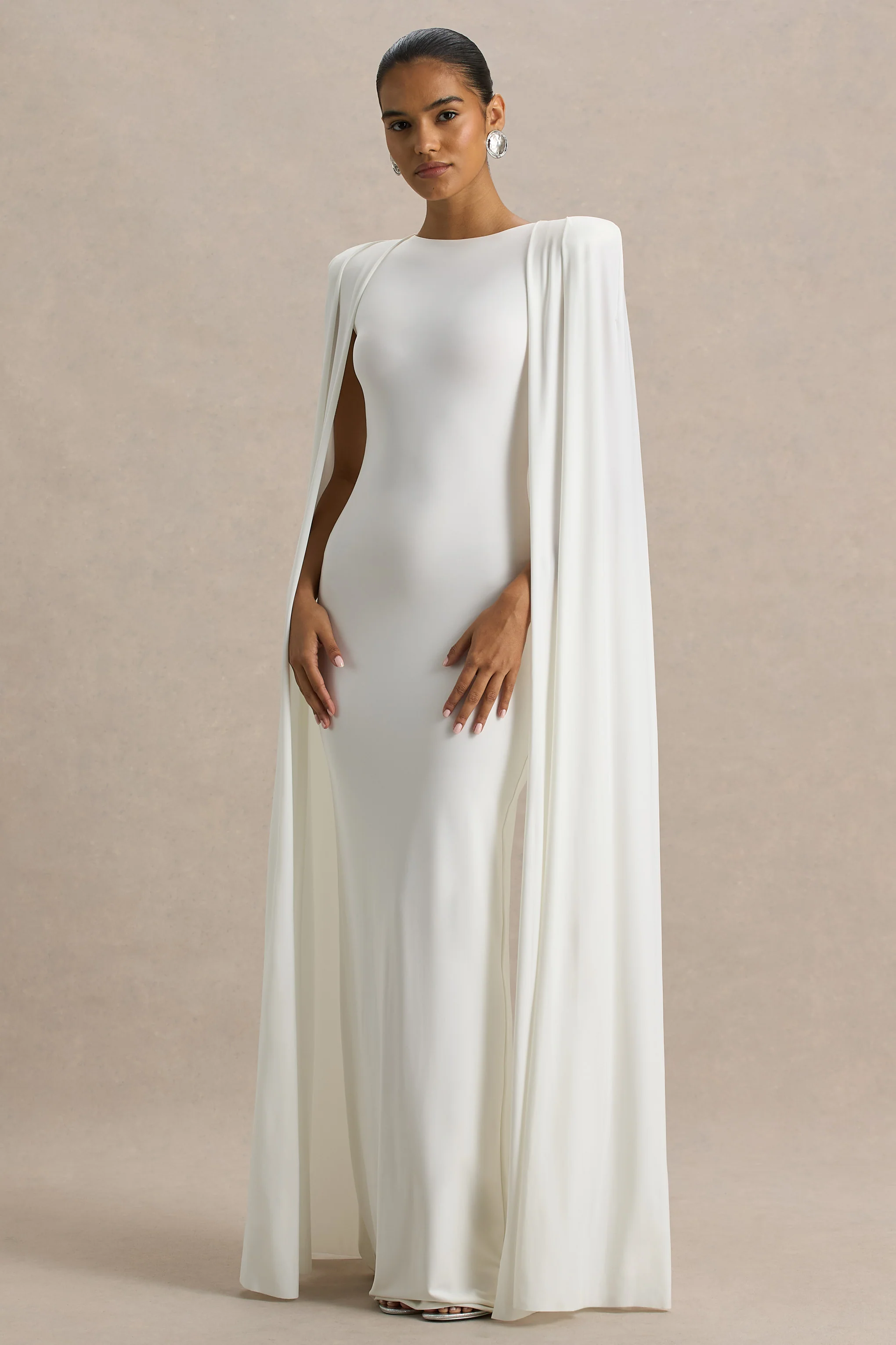 Mimi | White Slashed-Neck Maxi Dress With Cape Sleeve Detail