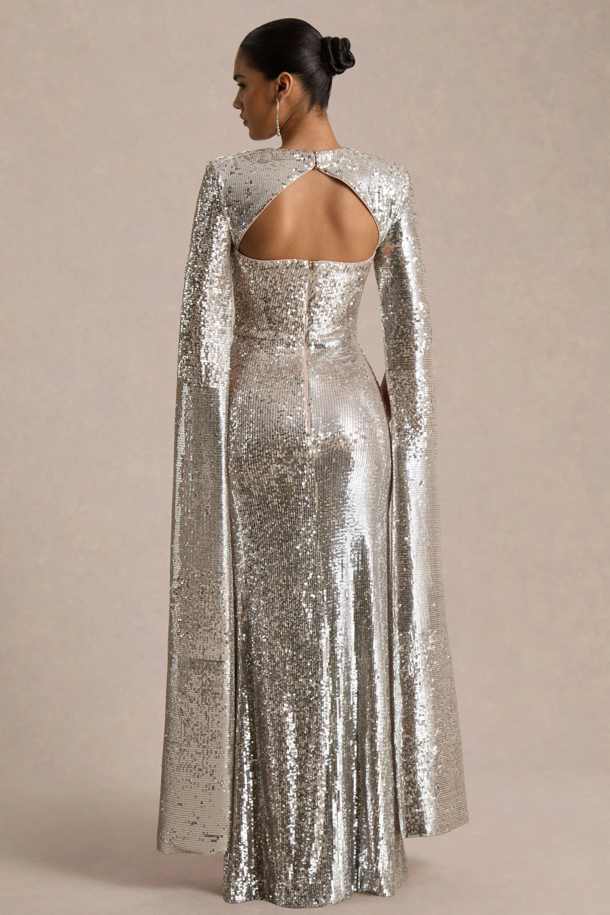 Devora | Silver Sequin Crew-Neck Maxi Dress With Cape Sleeves
