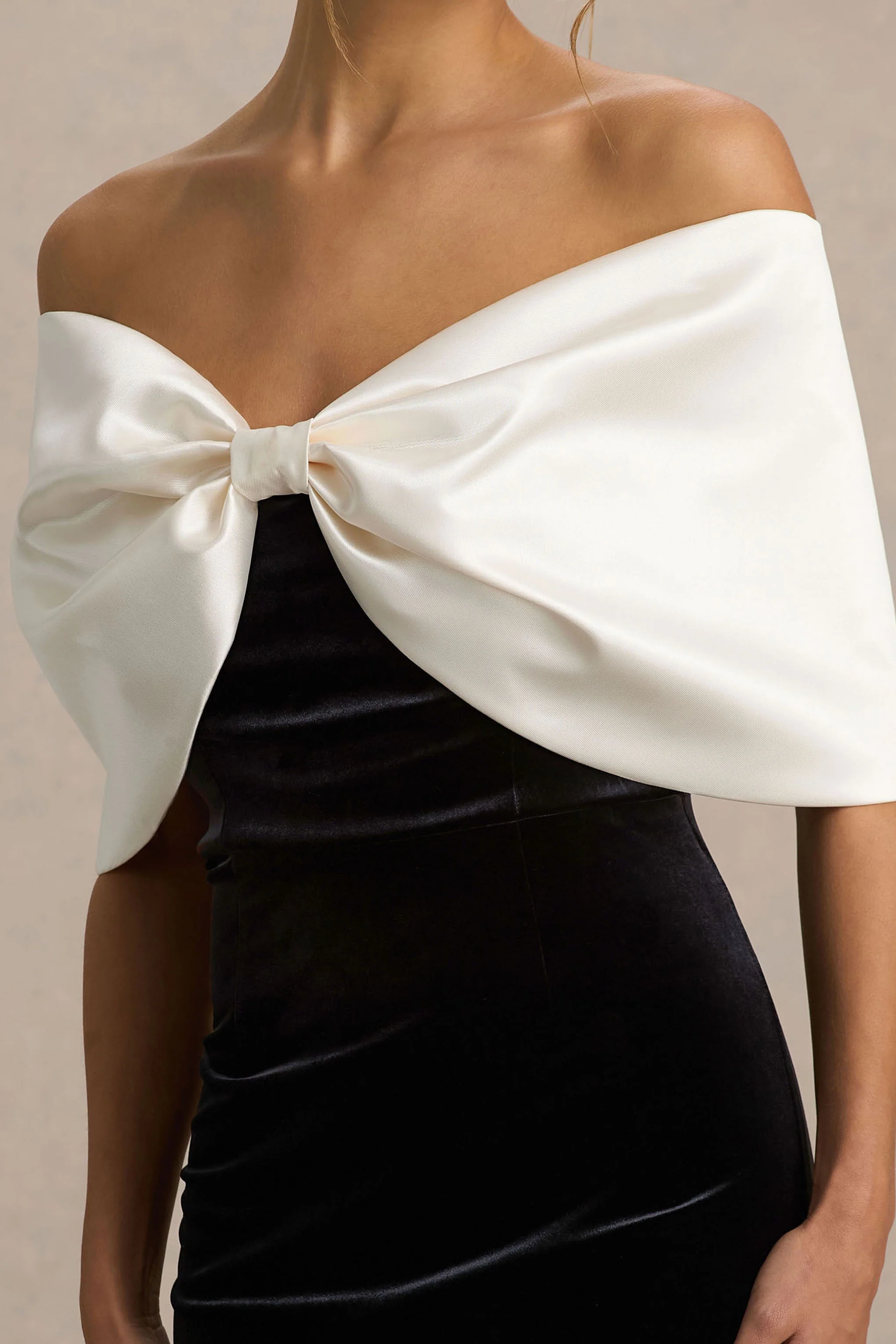 Twilight | Black And White Velvet Bardot-Neck Midi Dress With Oversized Bow