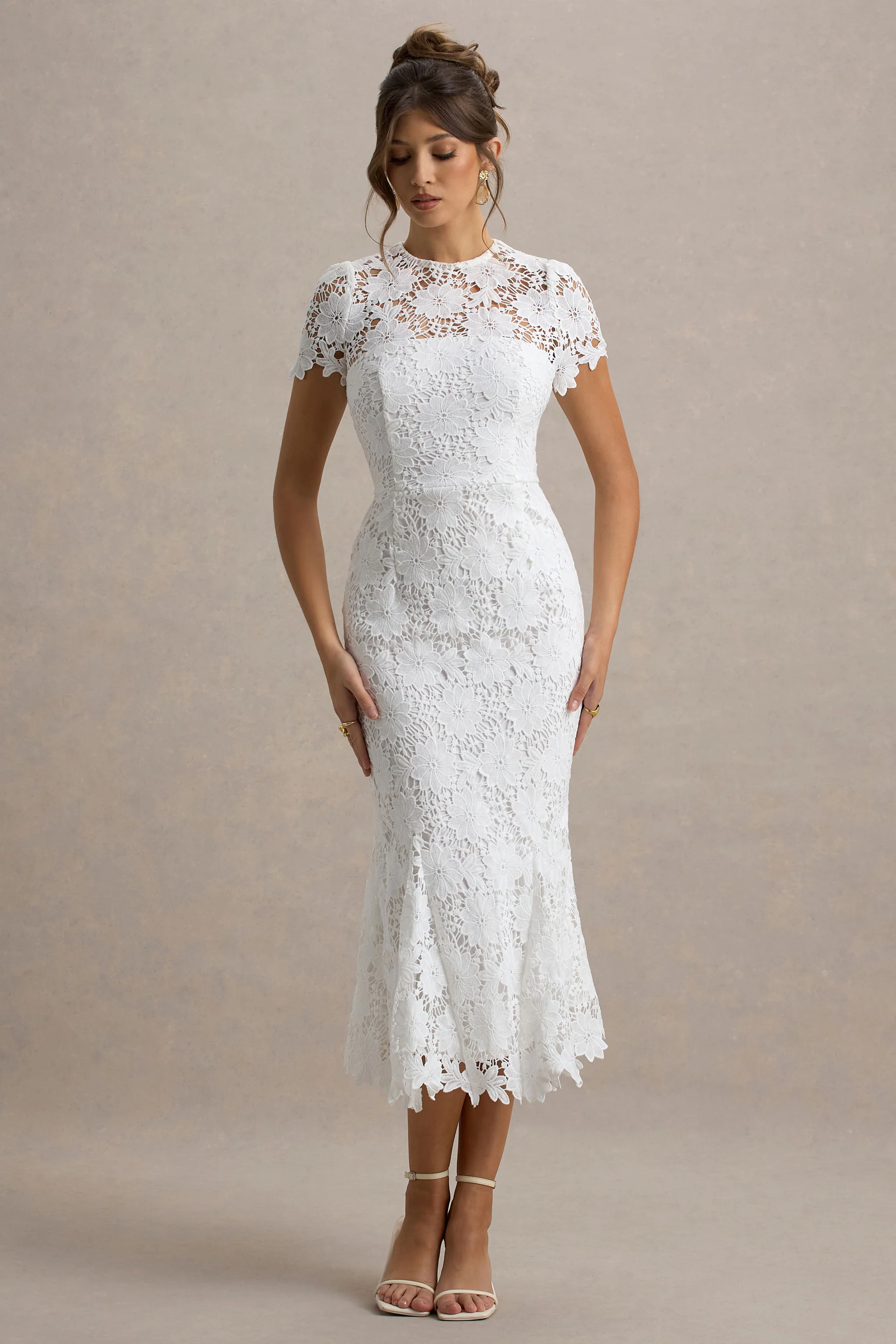Clarissa | White Lace Short-Sleeve Pleated Midi Dress