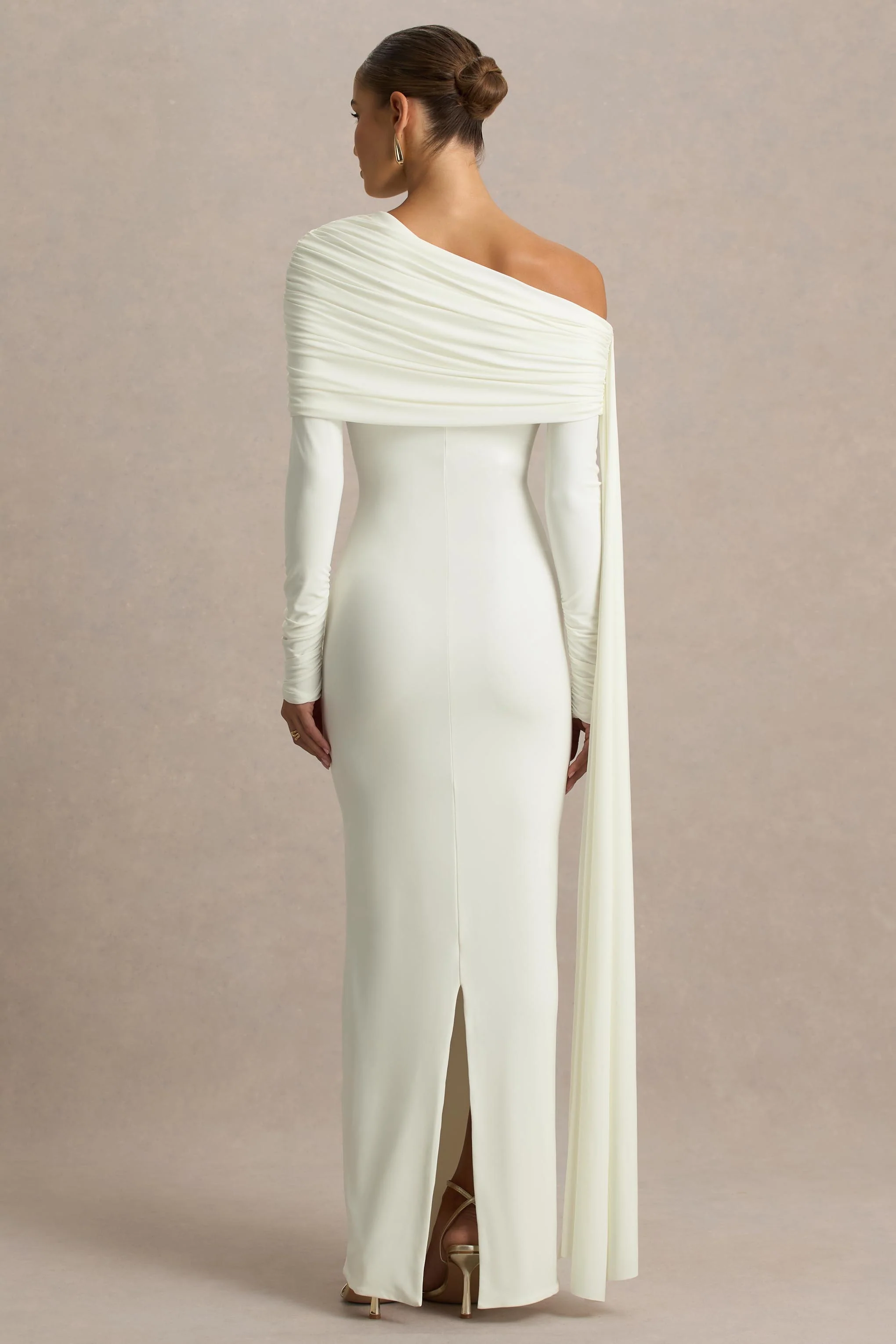 Octavia | Cream Bardot-Neck Maxi Dress With Sash And Ruched Detailing