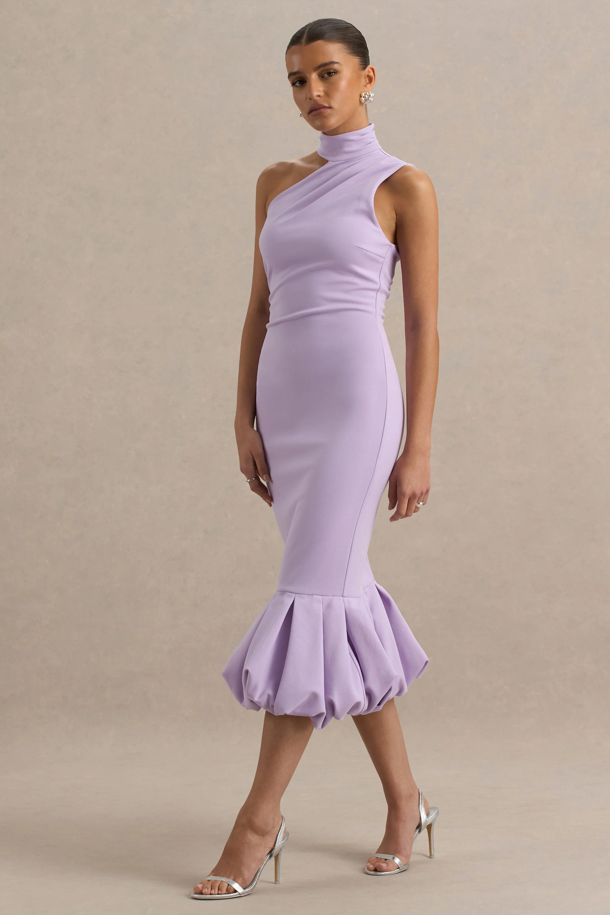 Sabine | Lilac One-Shoulder Ruffle-Trim Midi Dress