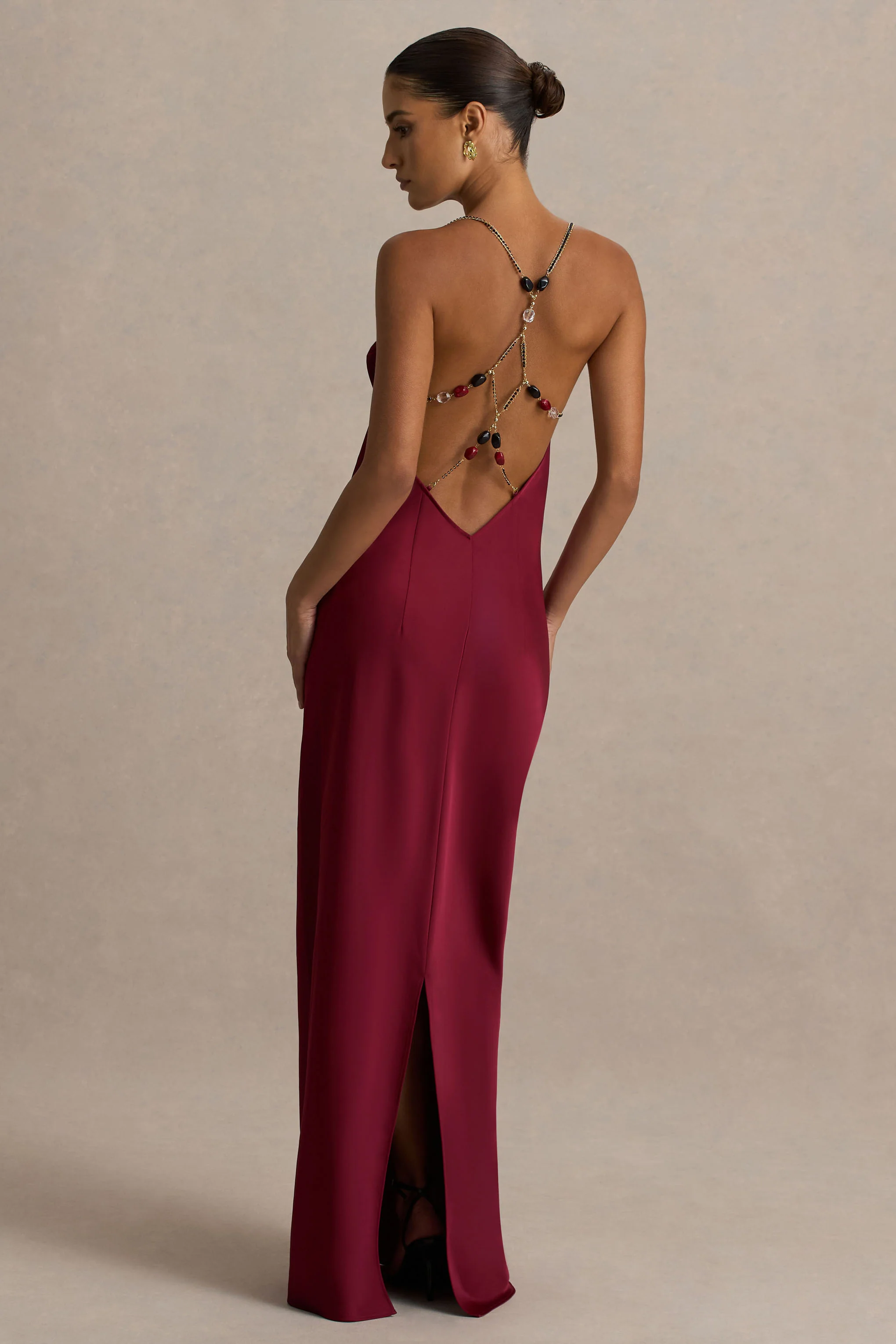Cher | Burgundy Satin Square-Neck Maxi Dress With Embellished-Detailed Open-Back