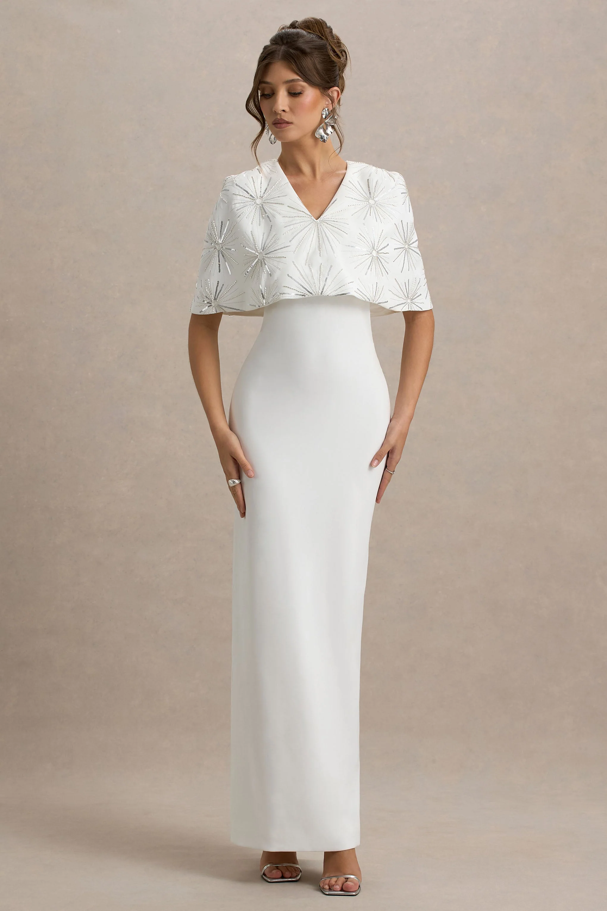 Agnella | White Embellished V-Neck Maxi Dress