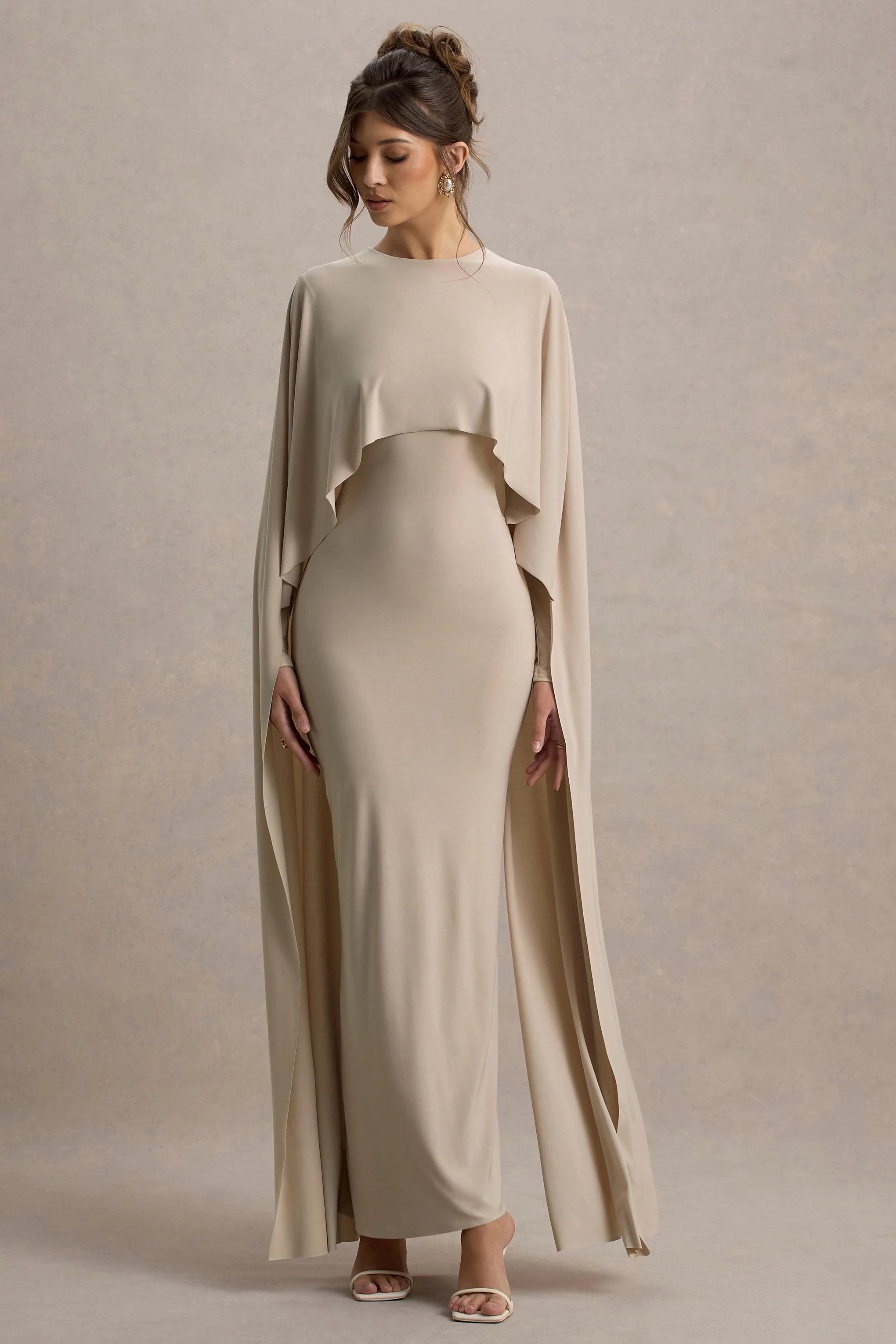 Belinda | Champagne Draped Maxi Dress With Cape Sleeves