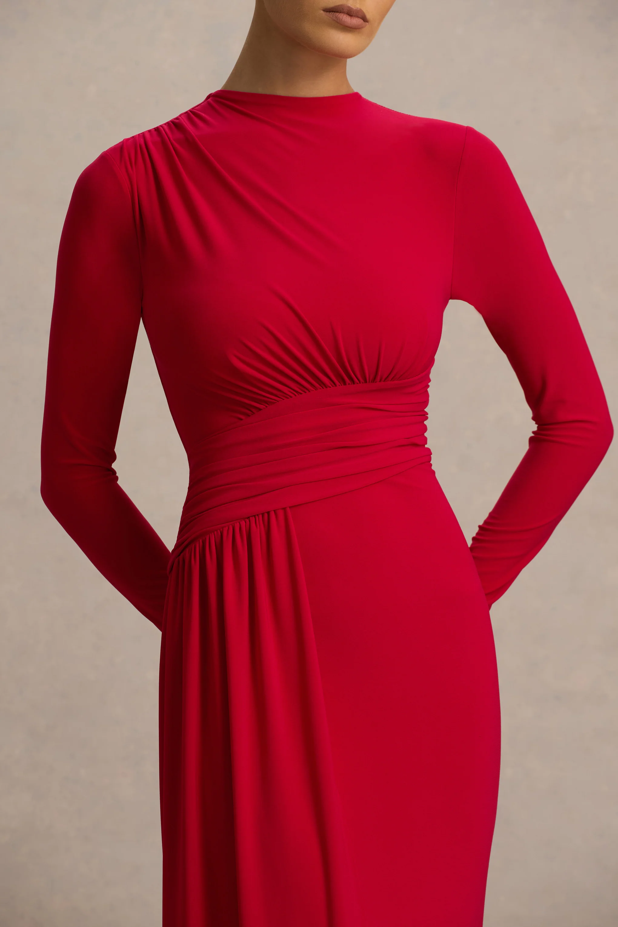 Virelle | Red Boat-Neck Maxi Dress With Drop-Waist