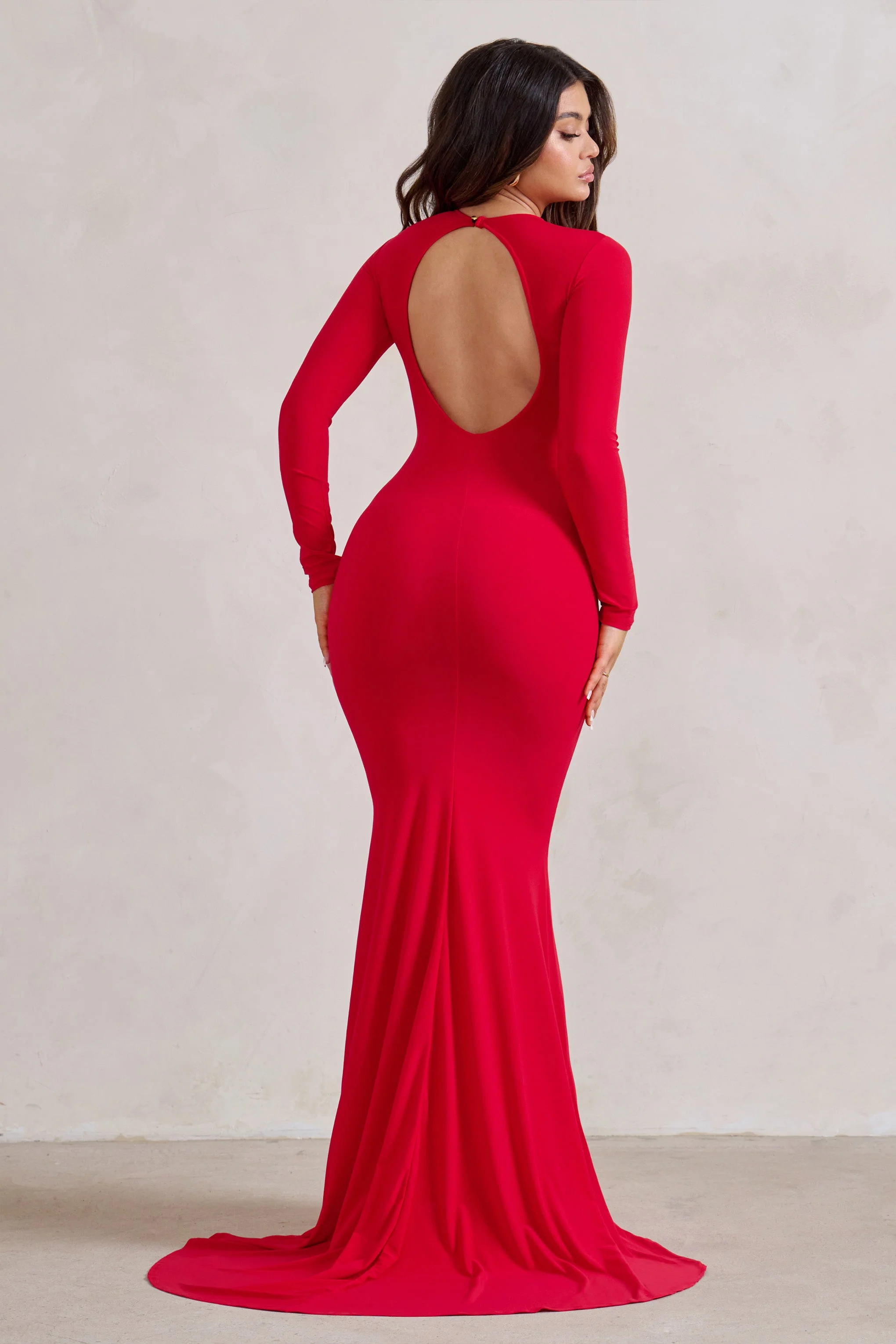 One Step Ahead | Red Long Sleeve Backless Fishtail Maxi Dress