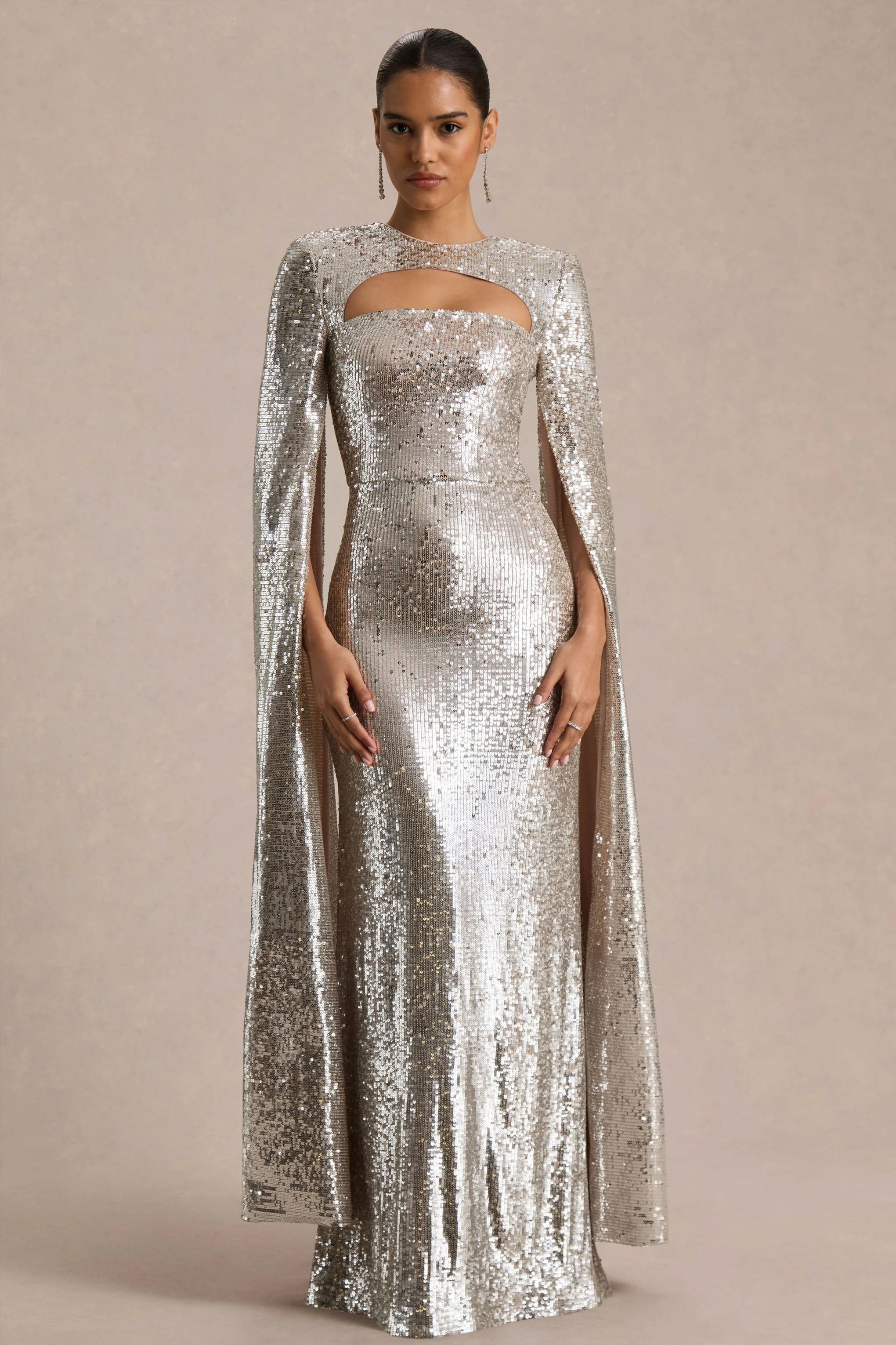 Devora | Silver Sequin Crew-Neck Maxi Dress With Cape Sleeves