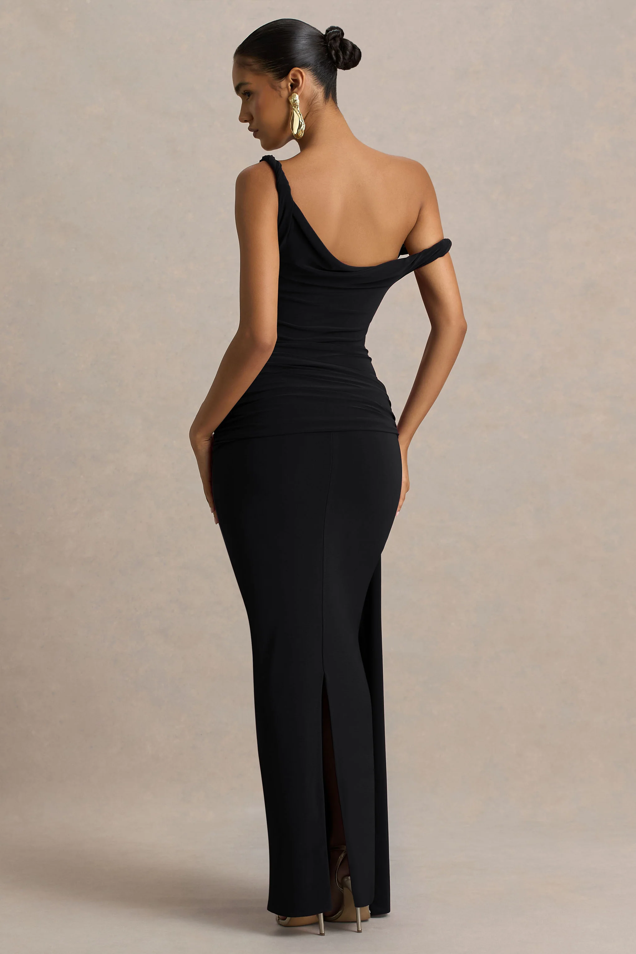 Tulisa | Black Asymmetric-Neck Maxi Dress With Twist Sleeves And Ruched Detailing