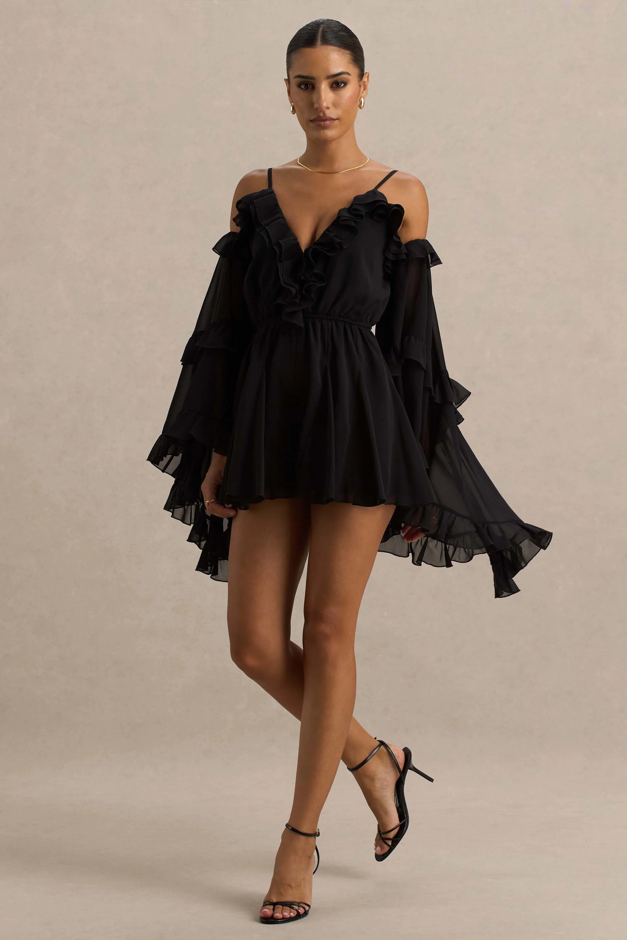 Anaya | Black Chiffon Playsuit With Long Sleeves