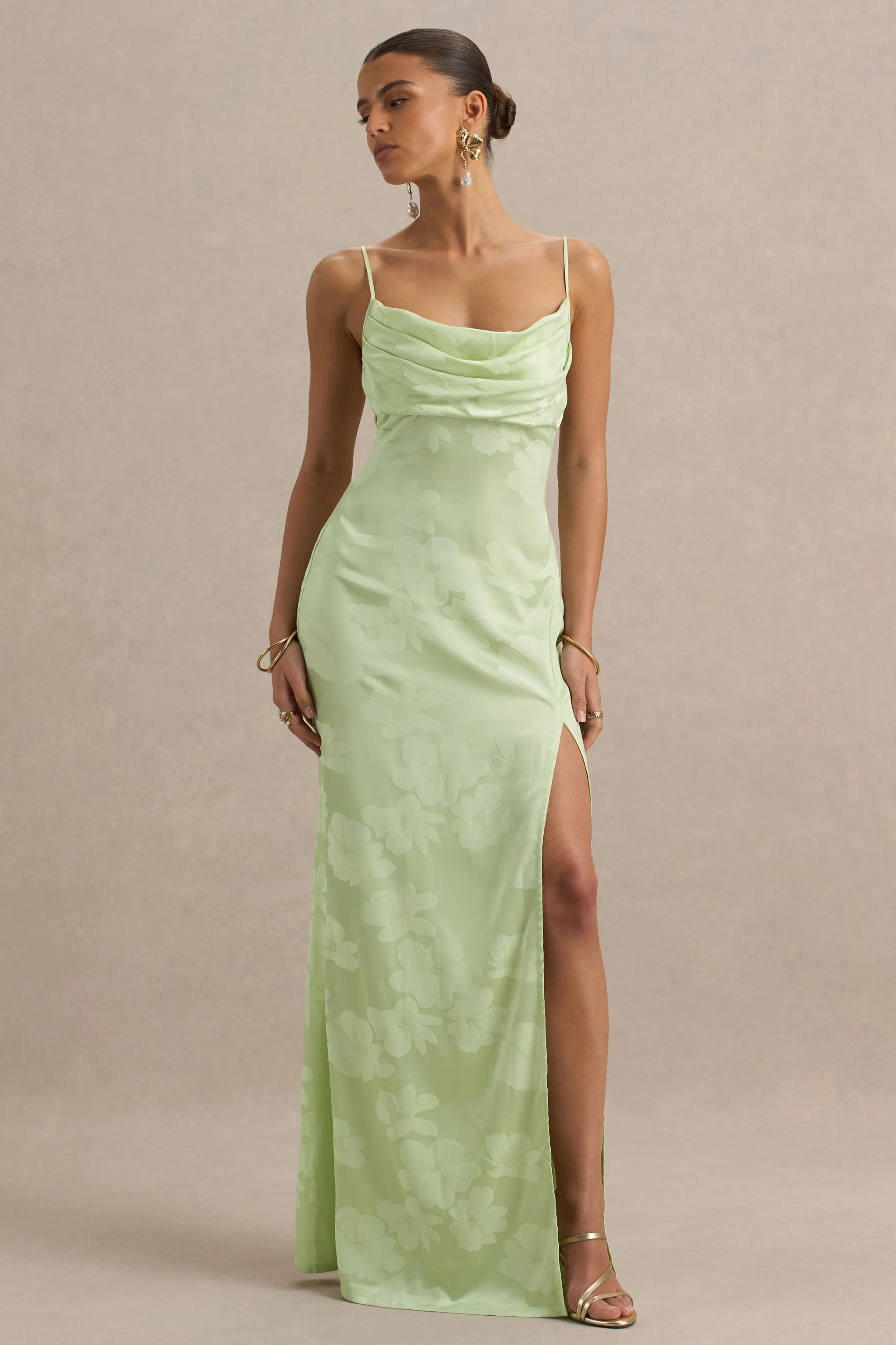 Maddie | Light Green Floral Print Satin Cowl-Neck Maxi Dress