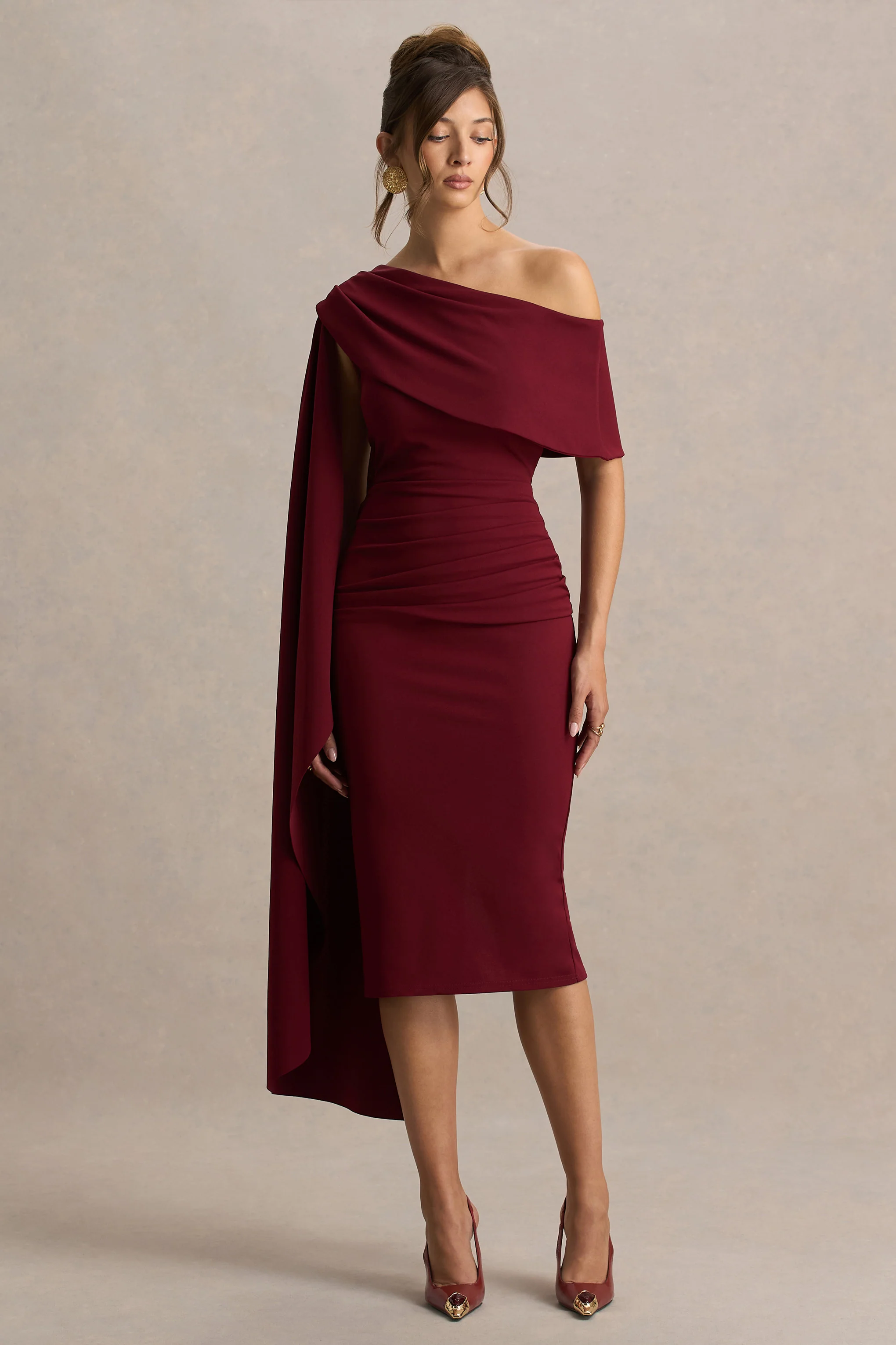 Leah | Burgundy Asymmetric-Neck Midi Dress With Cape-Sleeve And Draped Detailing