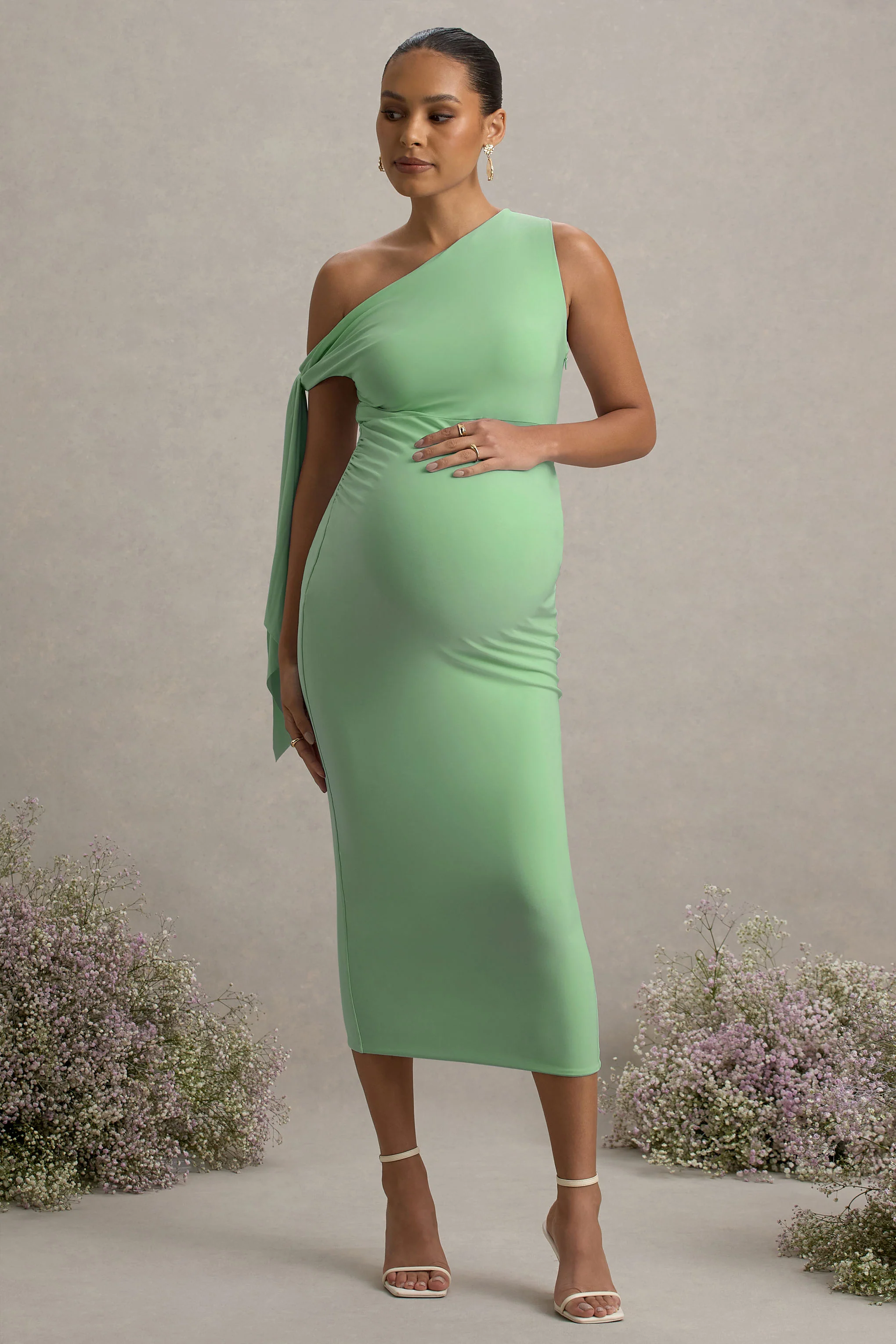 Katarine | Light Green Asymmetric Knot Maternity Midi Dress