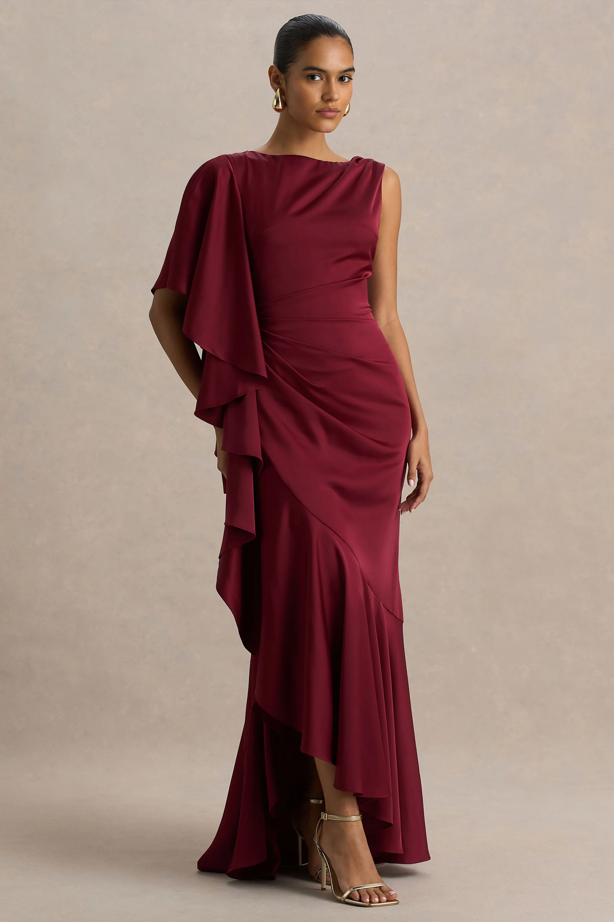 Rosy | Burgundy Satin Boat-Neck Maxi Dress With Front Split And Ruched Detailing