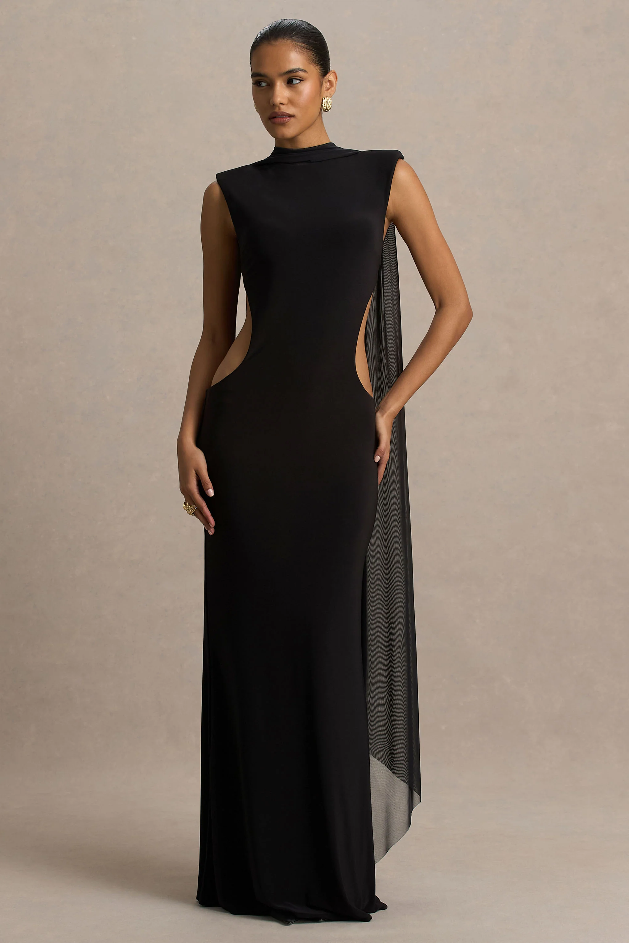 Katara | Black High-Neck Maxi Dress With Body Cut-Out Details