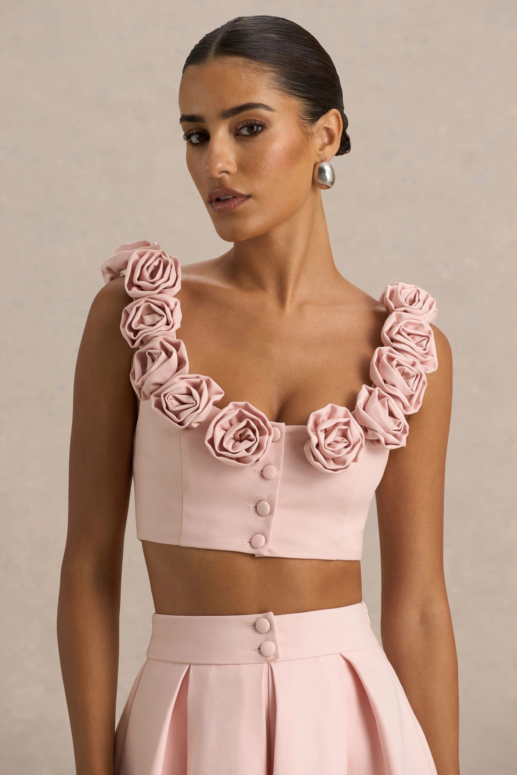 Blade | Baby Pink Scoop-Neck Crop Top With Corsage Details