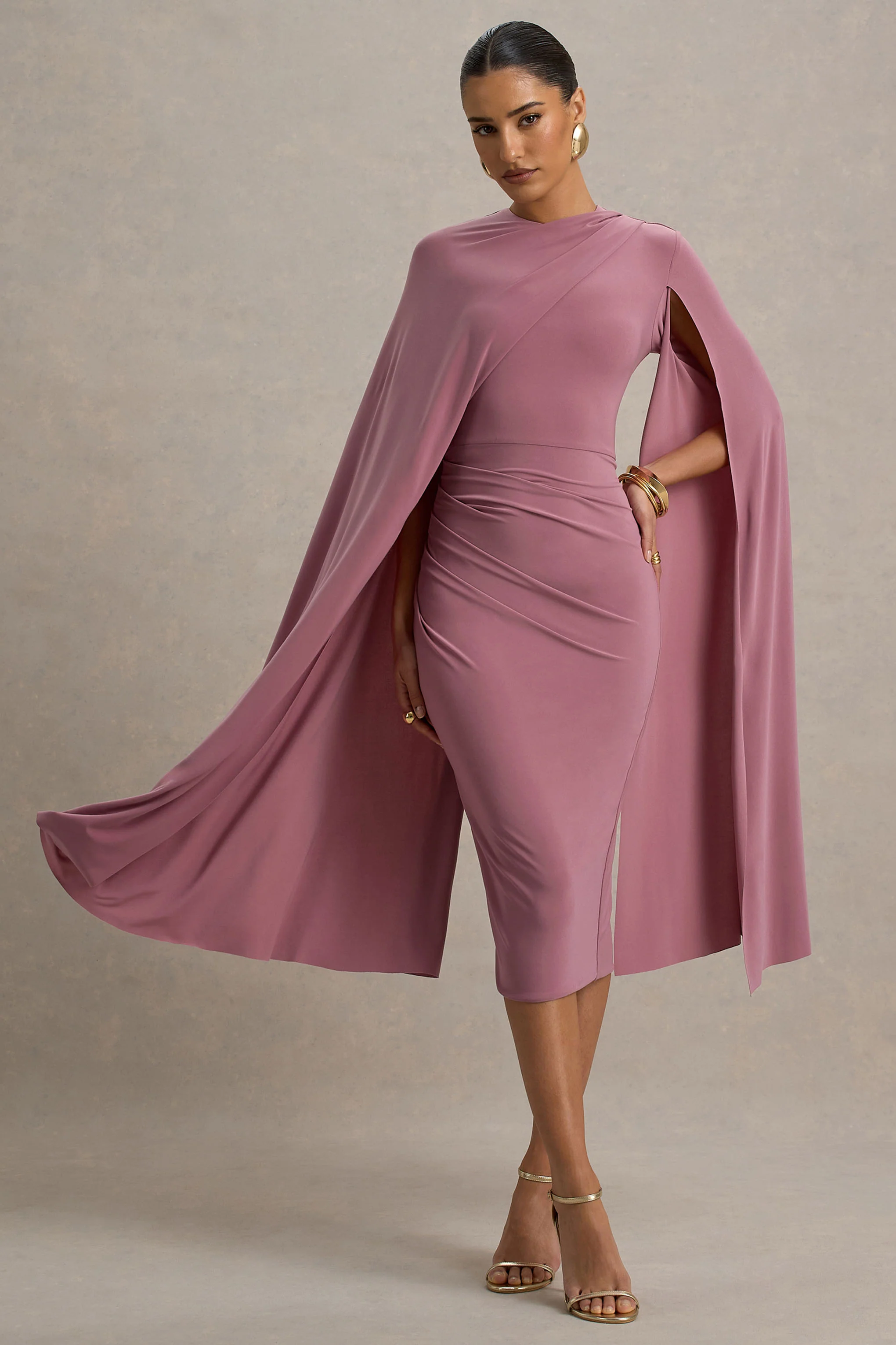 Marysol | Dusky Rose Asymmetric Cape Midi Dress