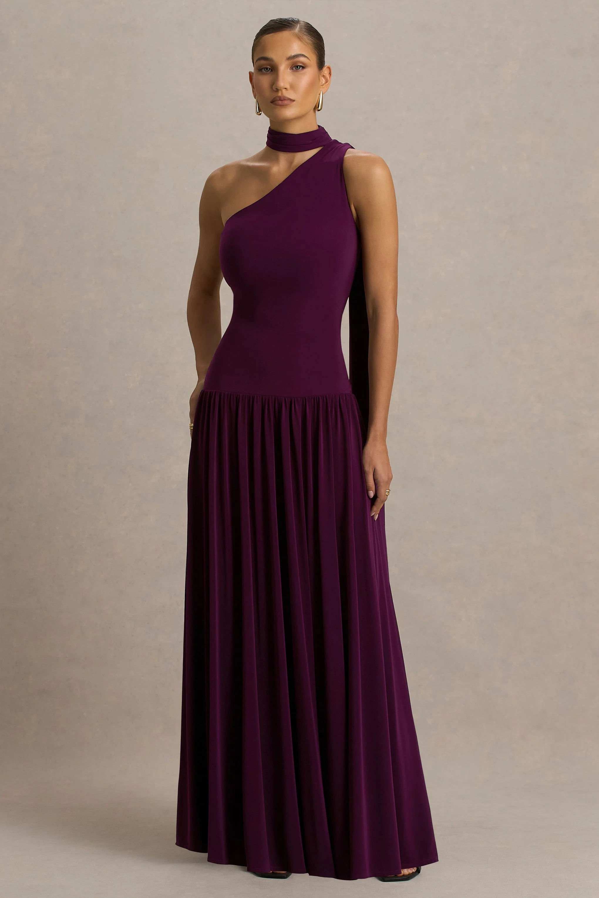 Freesia | Plum Asymmetric-Neck Maxi Dress With Scarf-Detail