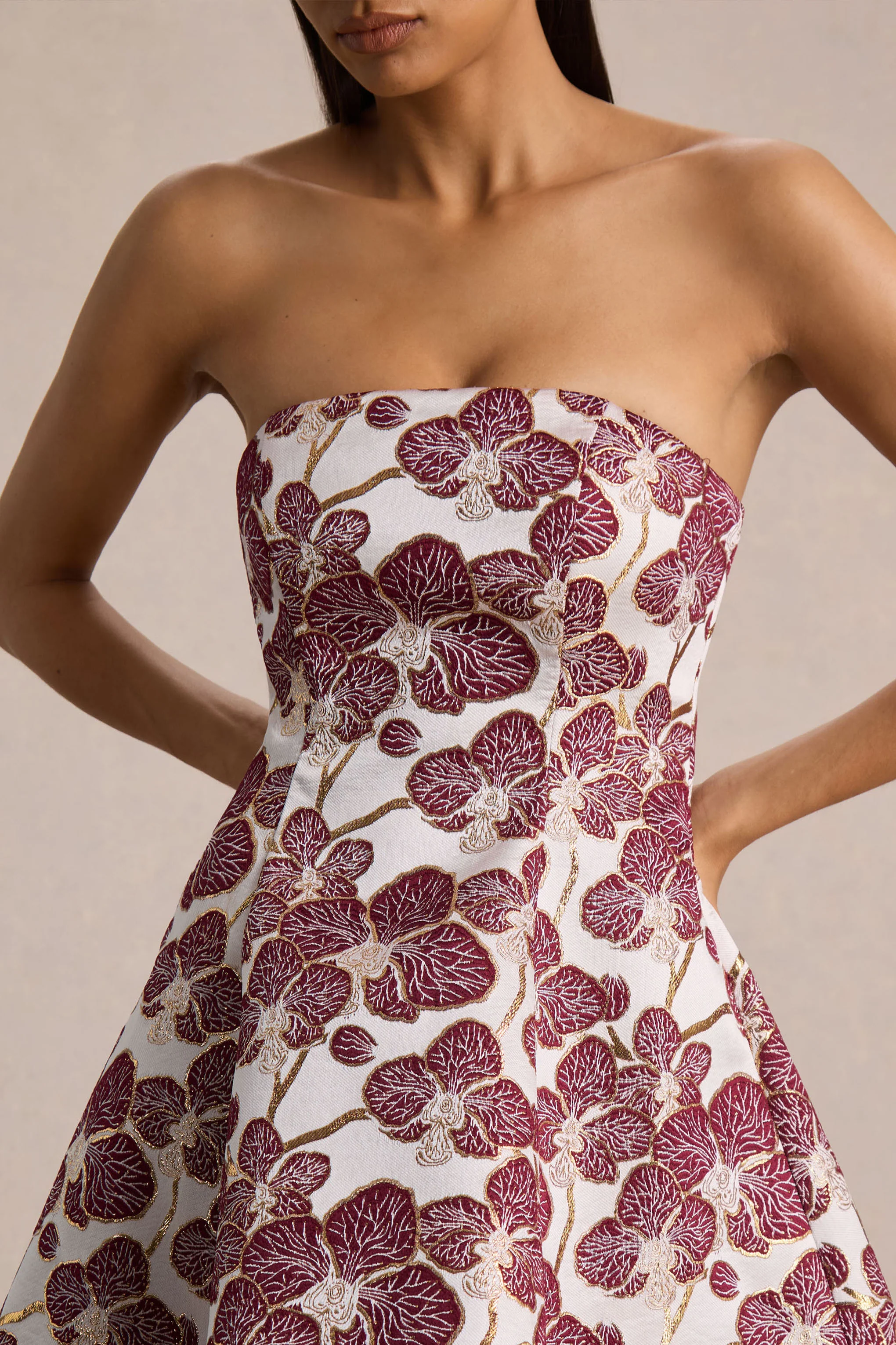 Federica | Burgundy And Gold Jacquard Bandeau A-Line Mini Dress