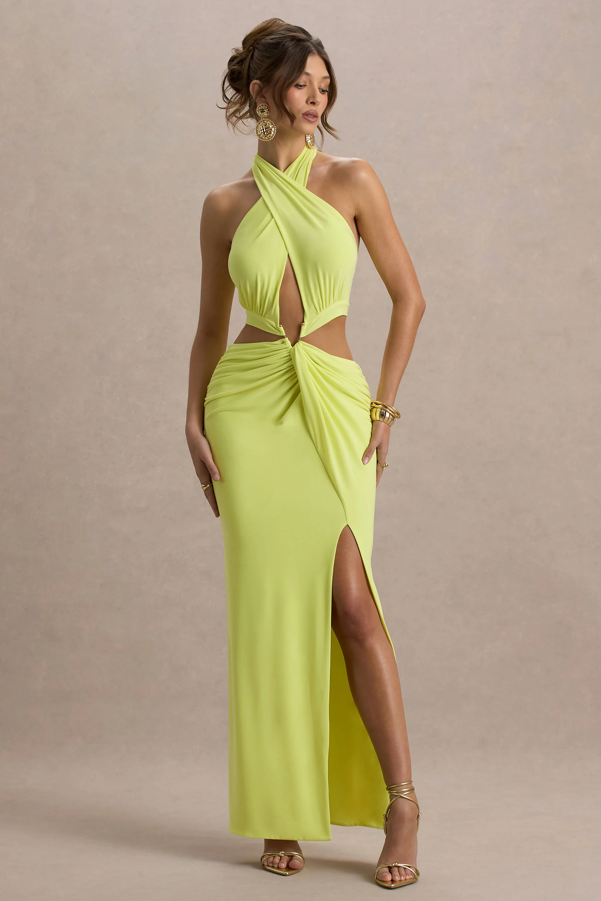 Aura | Lime Green Halter-Neck Cut-Out Split Maxi Dress