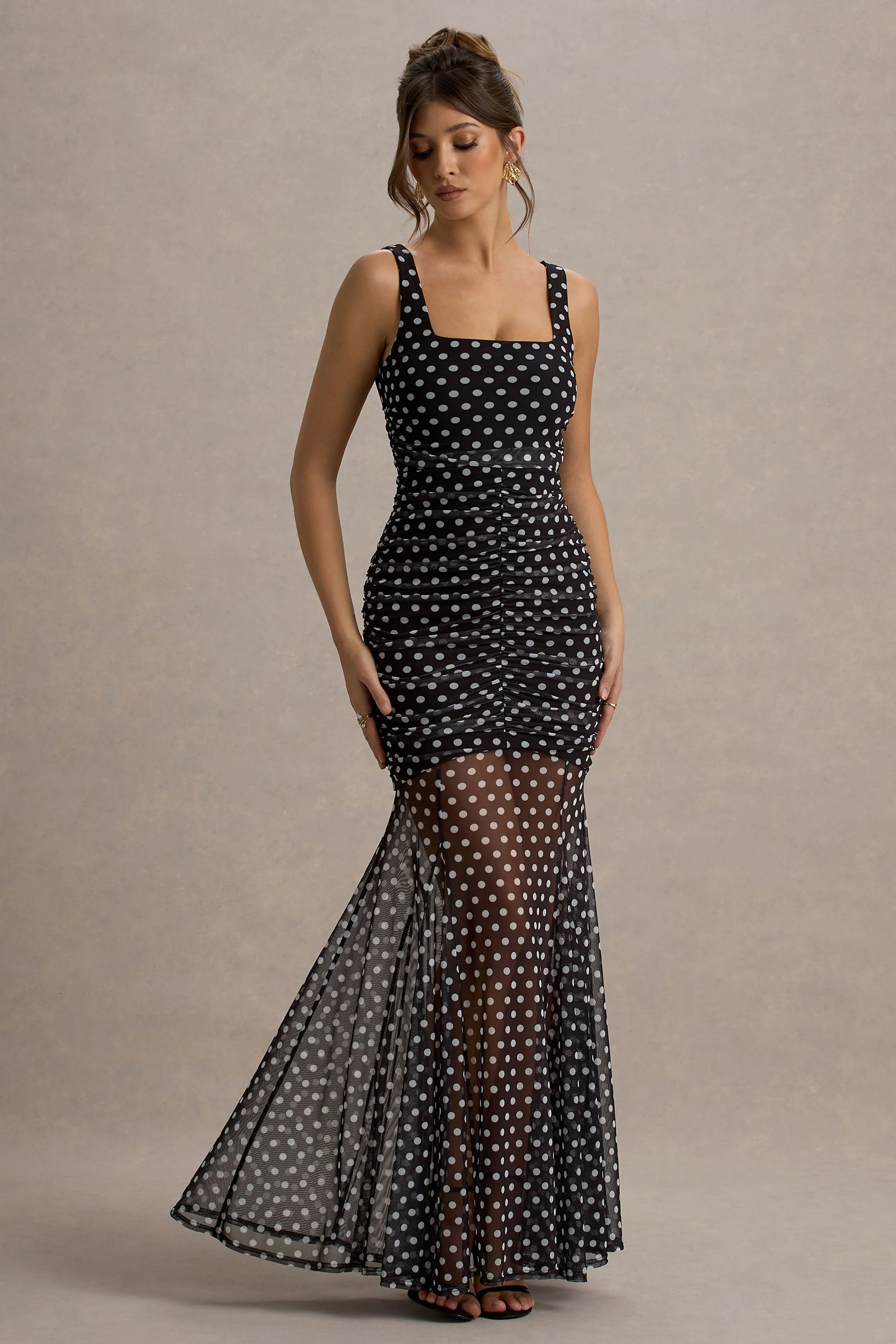 Galaxia | Black & White Polka Dot Maxi Dress With Mesh Skirt