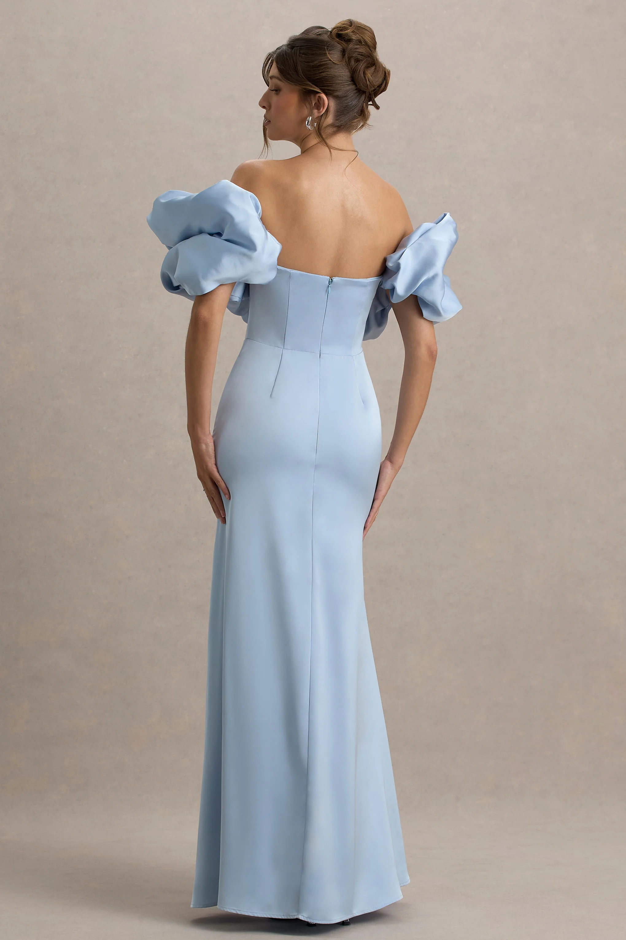 Allie | Powder Blue Puff Bardot Maxi Dress