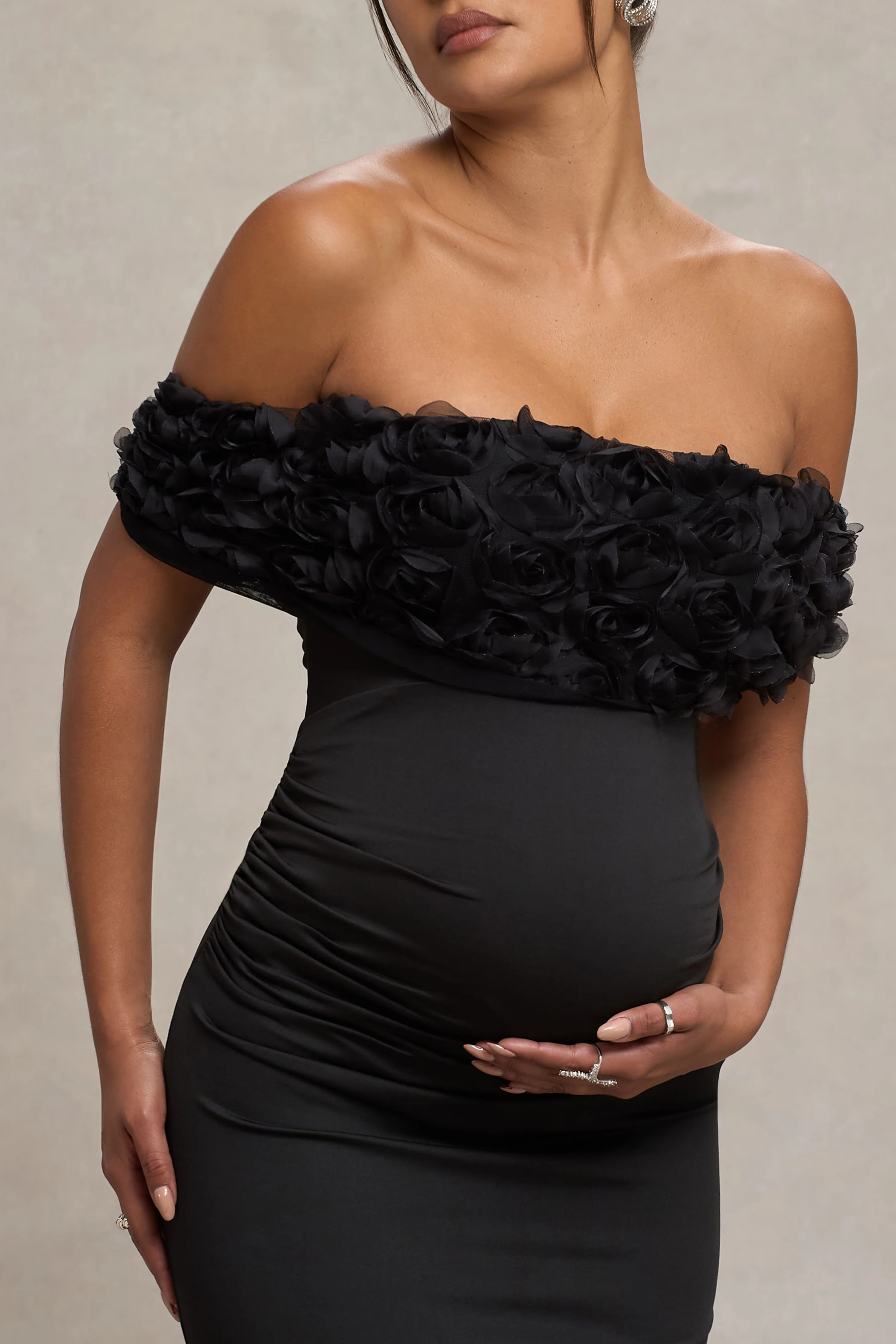 Inflorescence | Black Mesh Floral Bardot Maternity Maxi Dress