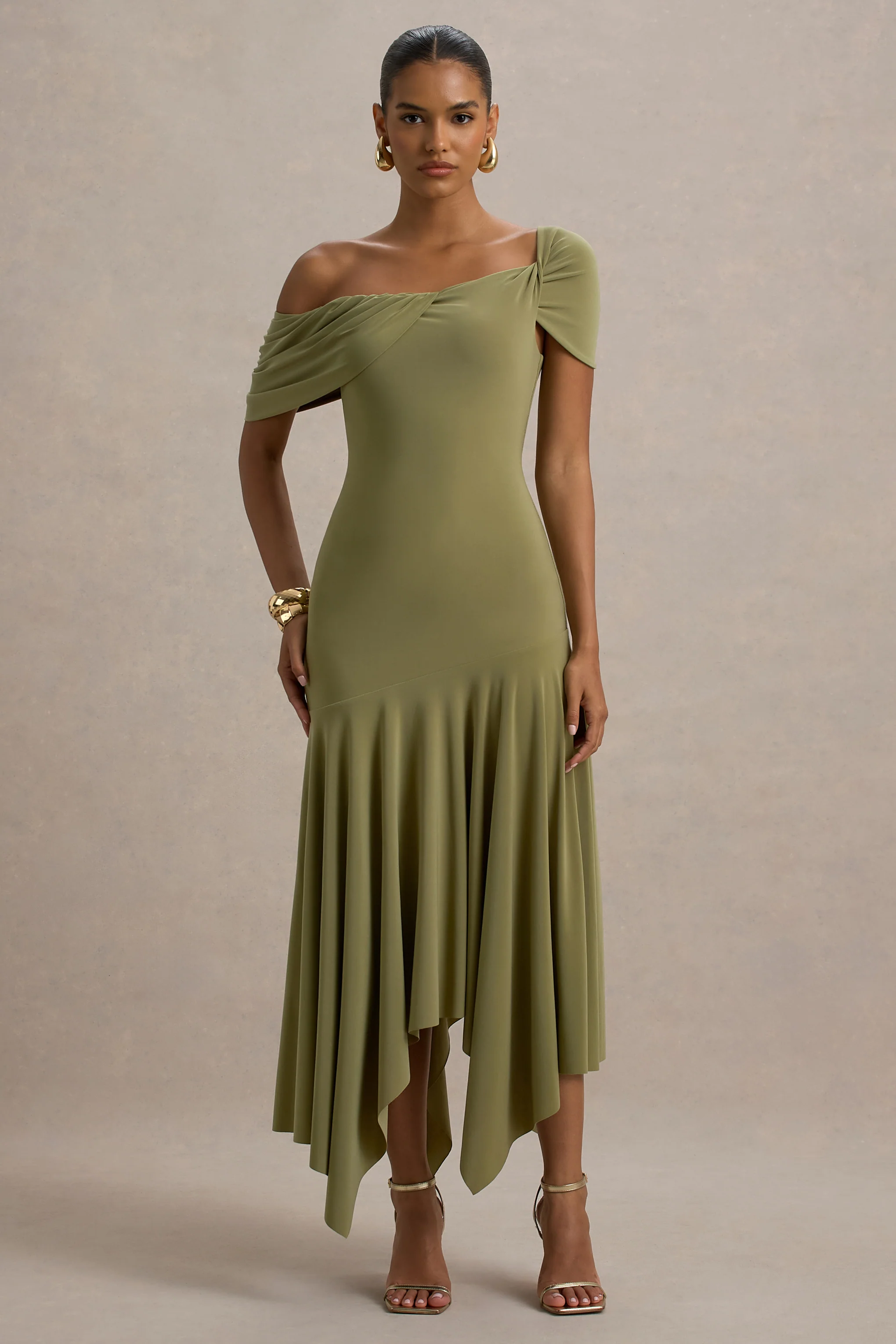 Castor | Olive Asymmetric Midi Dress